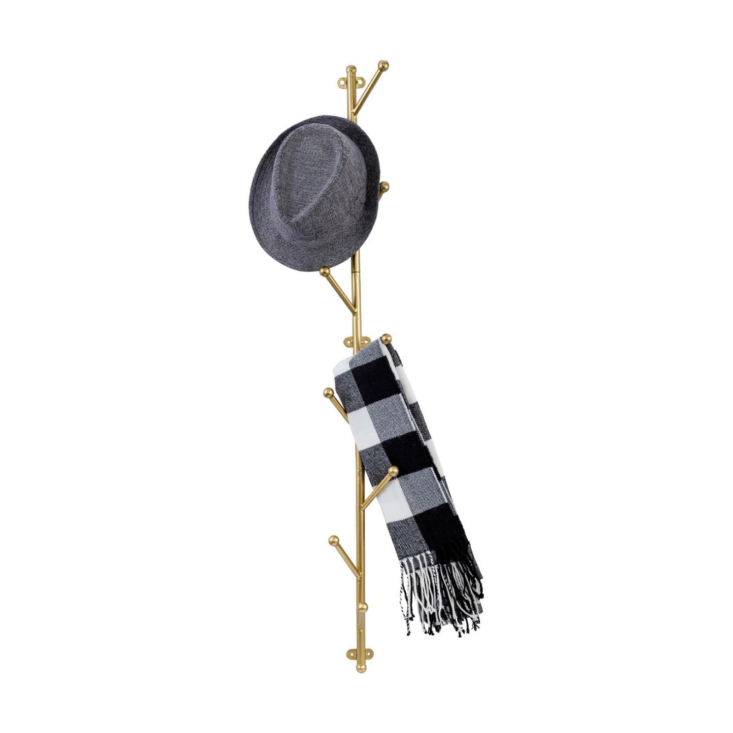 MyGift 9 Hook Wall Mounted Modern Gold Tone Metal Hat and Coat Hanger Tree, Decorative Entryway Vertical Hanging