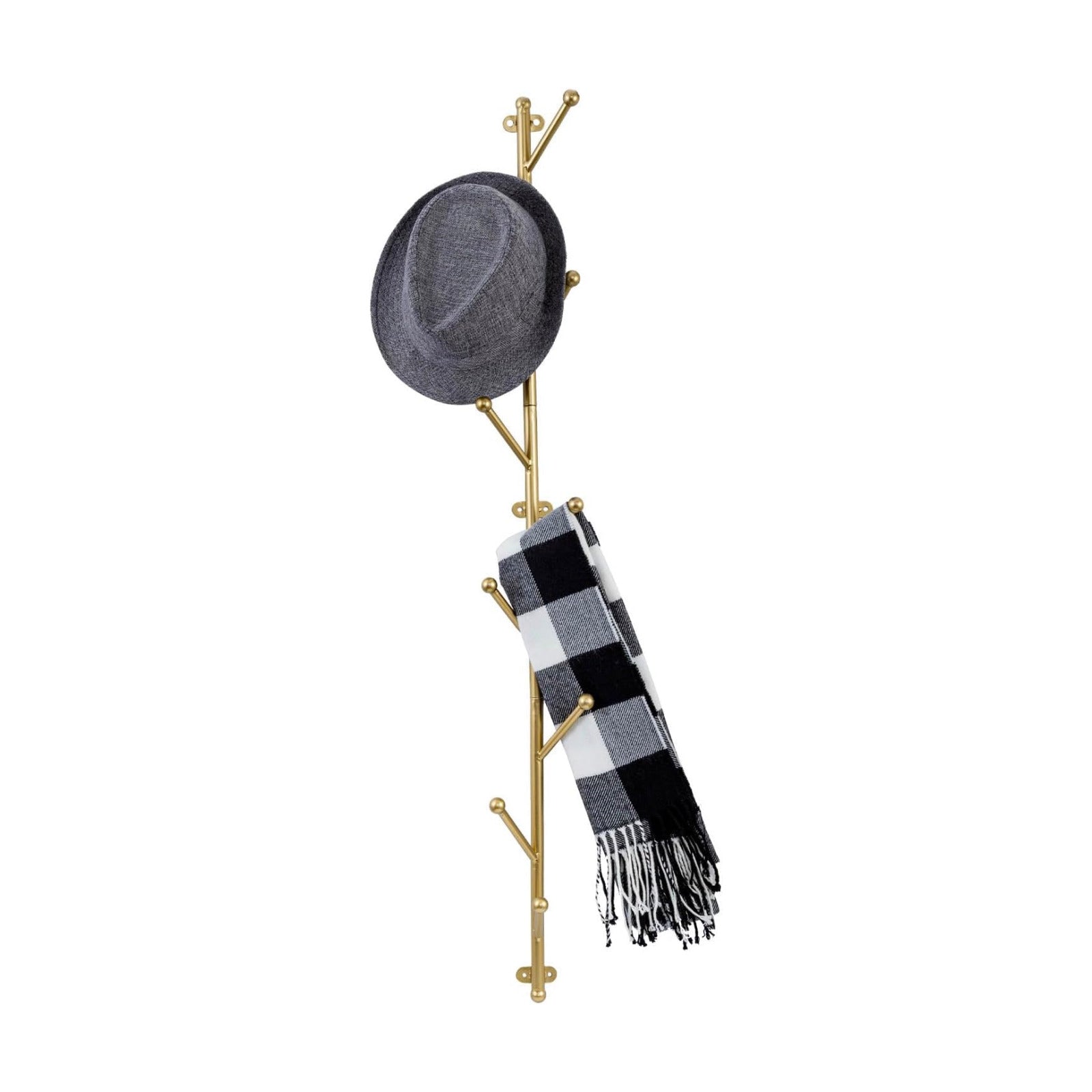 MyGift 9 Hook Wall Mounted Modern Gold Tone Metal Hat and Coat Hanger Tree, Decorative Entryway Vertical Hanging