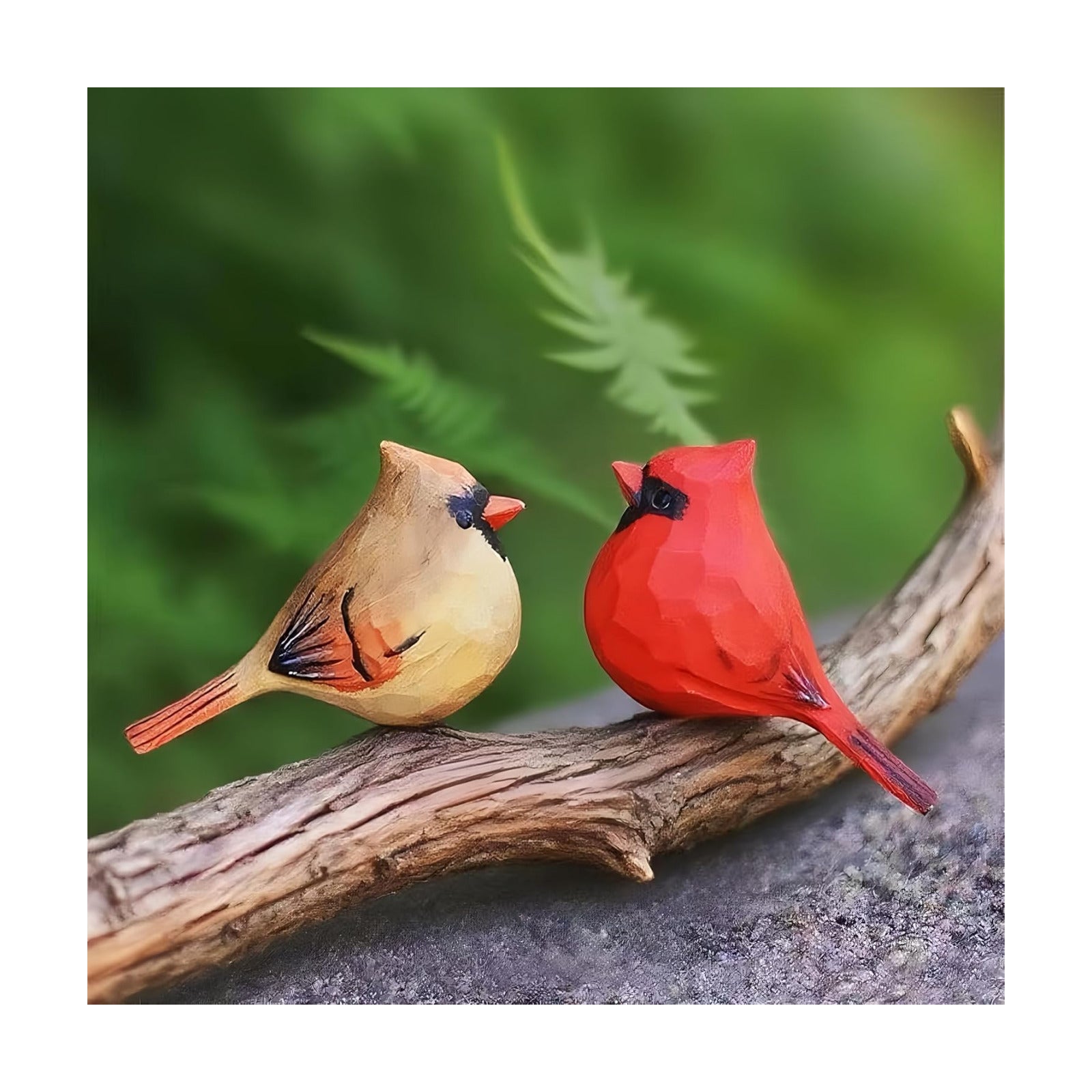 Hand-Carved Wooden Northern Cardinal Figurines / Red & Brown
