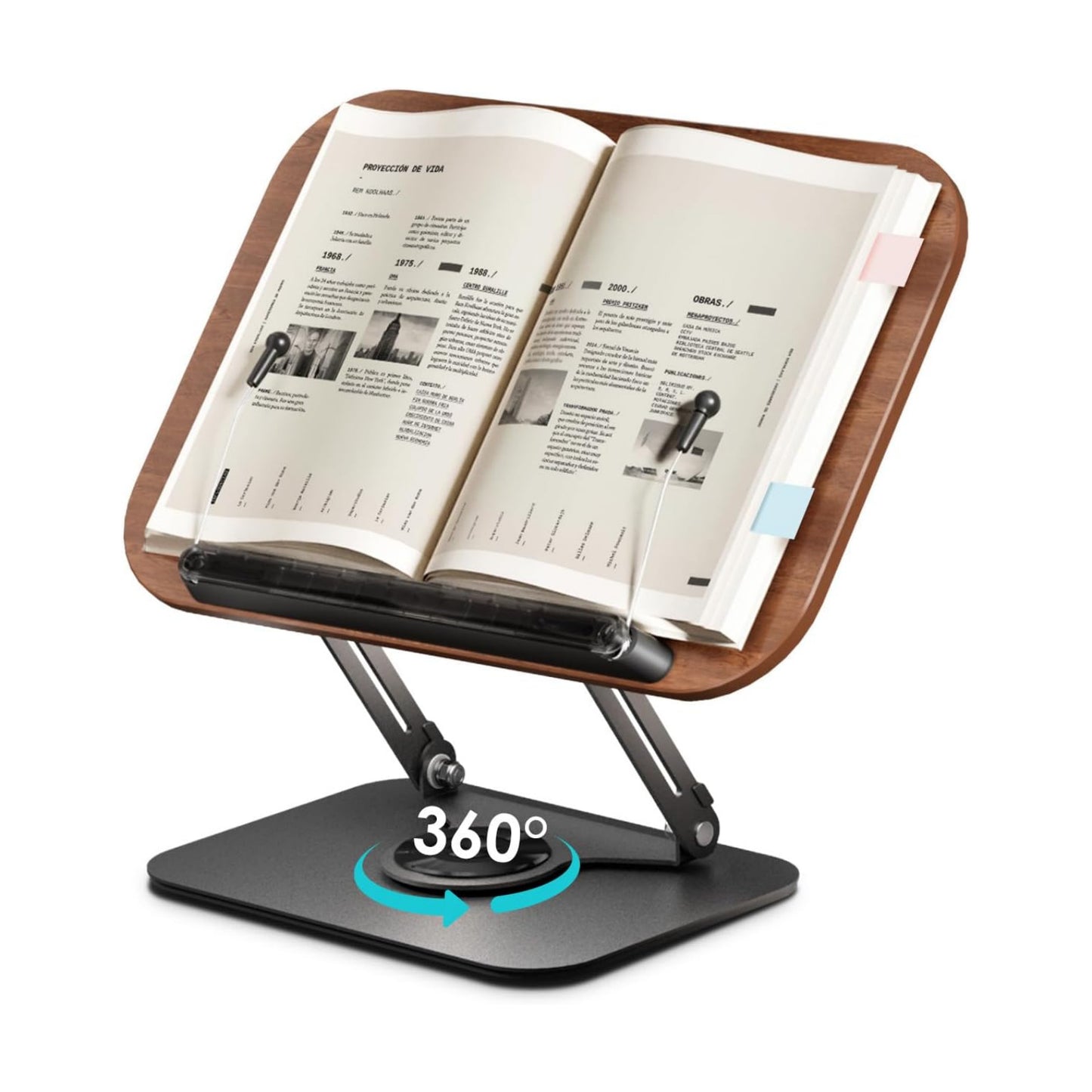 Viozon Book Stand for Reading,Book Holder, Height&Angle Adjustable, 360° Rotating Base, Foldable and Portable