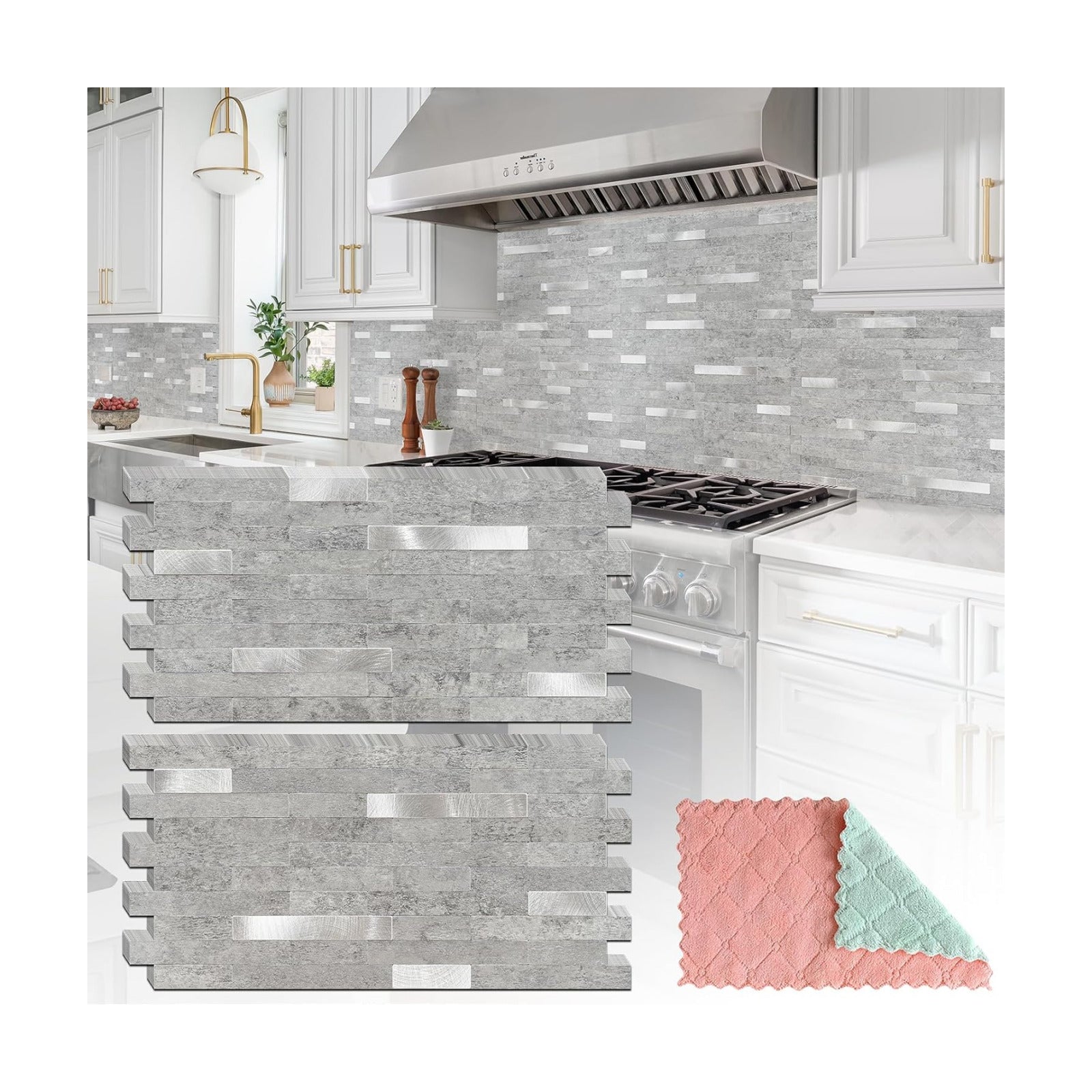 StyloVue 20 Sheets Peel and Stick Backsplash for Kitchen, Slate Gray with Metal Silver Look Stick on Tile Upgrade Your