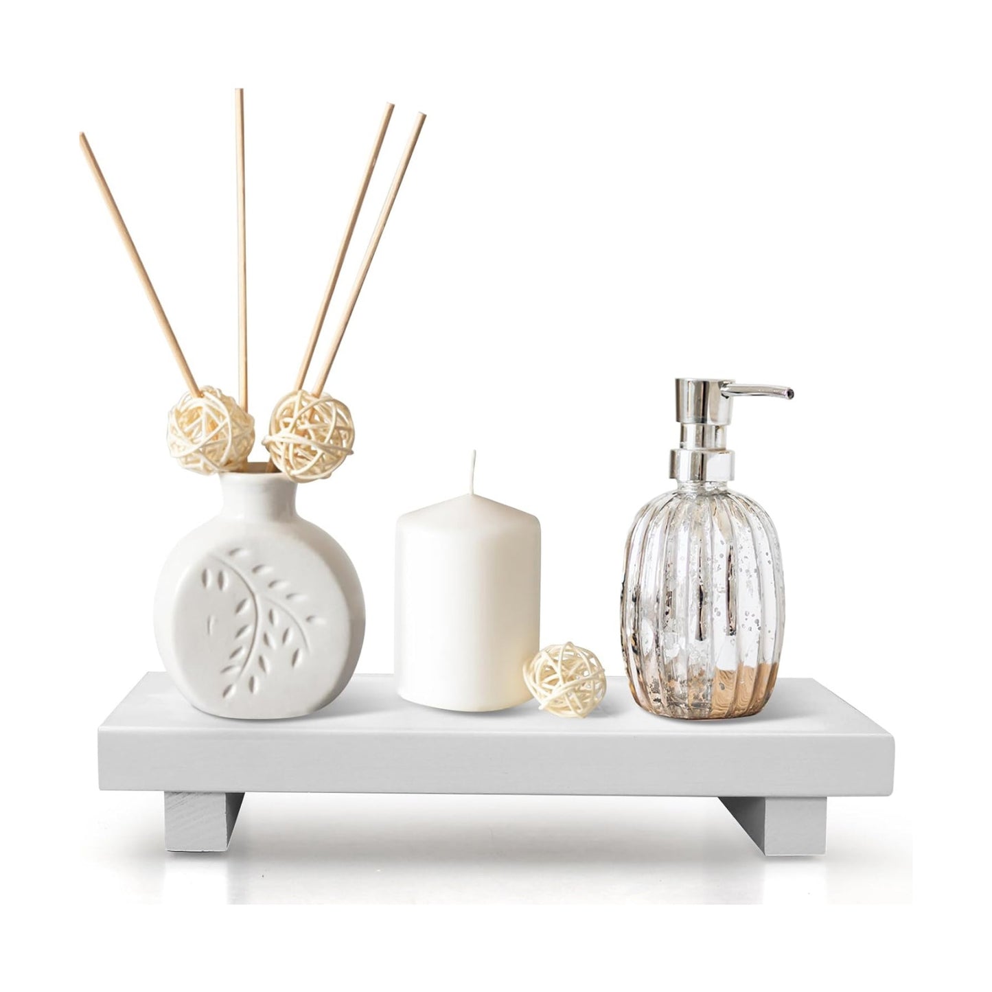 Wooden Bathroom Tray Wood Riser Pedestal Stand Dish Soap Dispenser Holder / 10 x 6 x 1.6 / White