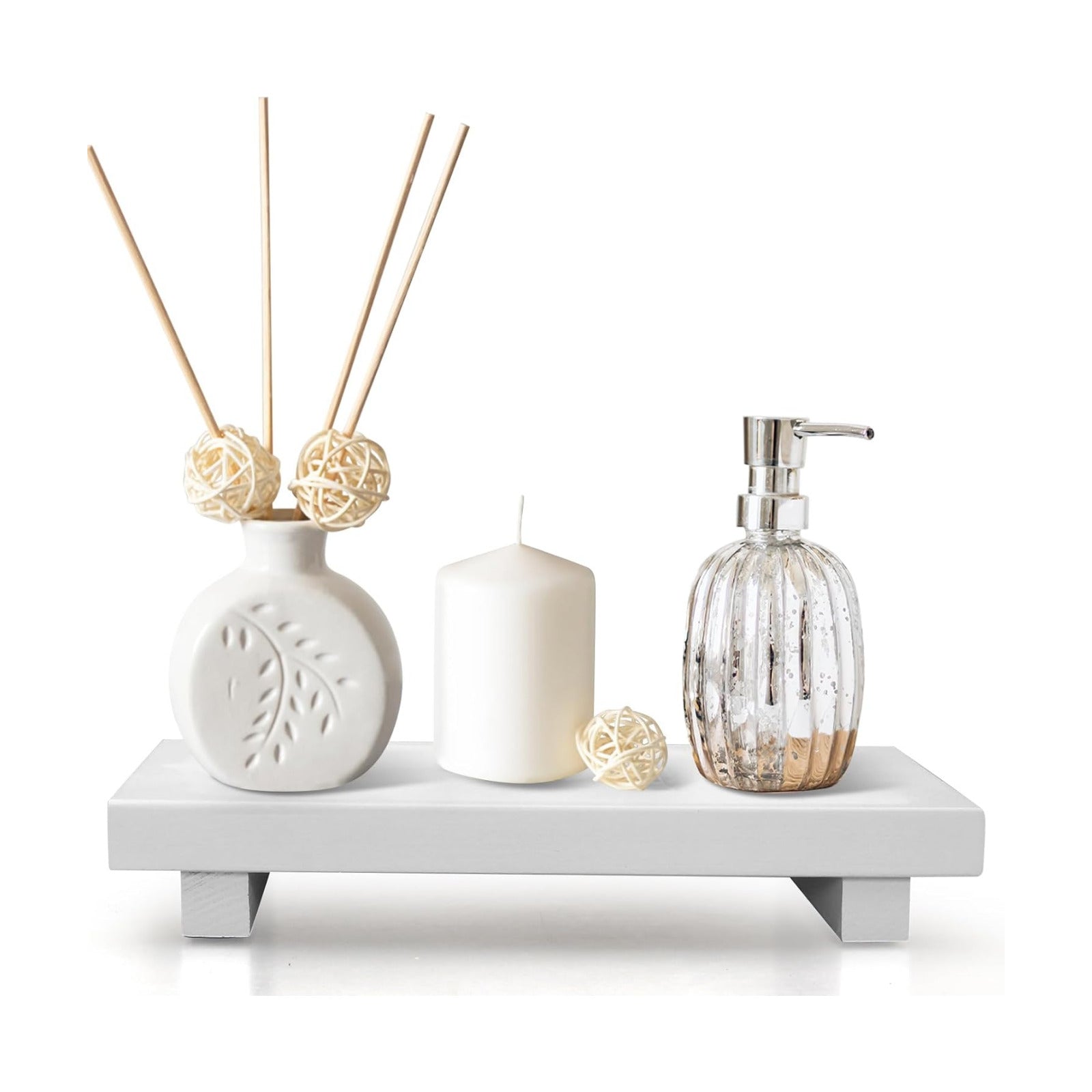 Wooden Bathroom Tray Wood Riser Pedestal Stand Dish Soap Dispenser Holder / 10 x 6 x 1.6 / White