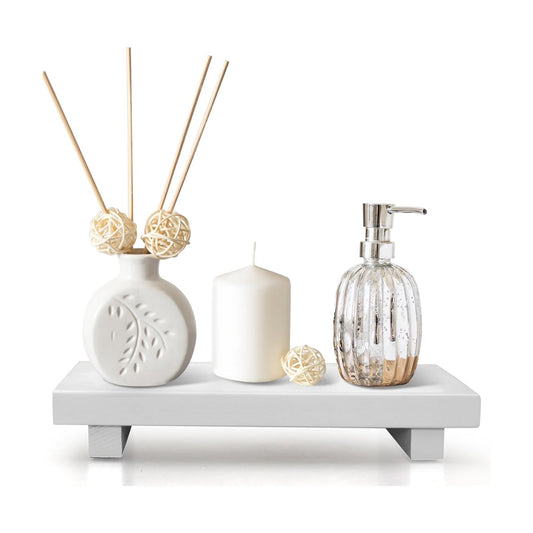 Wooden Bathroom Tray Wood Riser Pedestal Stand Dish Soap Dispenser Holder / 10 x 6 x 1.6 / White