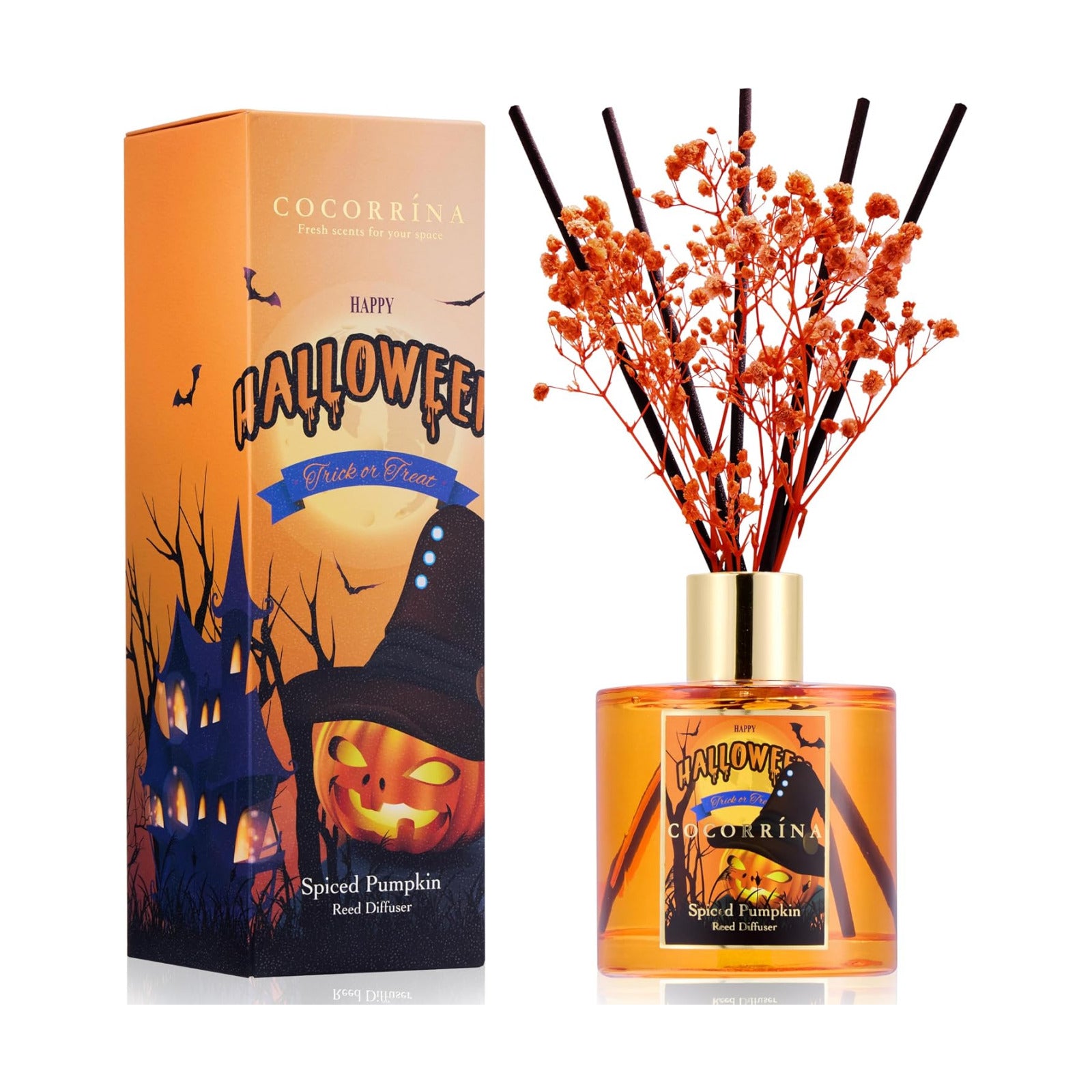COCORRÍNA Reed Diffuser - Spiced Pumpkin 6.7 fl oz Scented Diffuser with 8 Sticks Home Fragrance Bathroom Shelf Decor