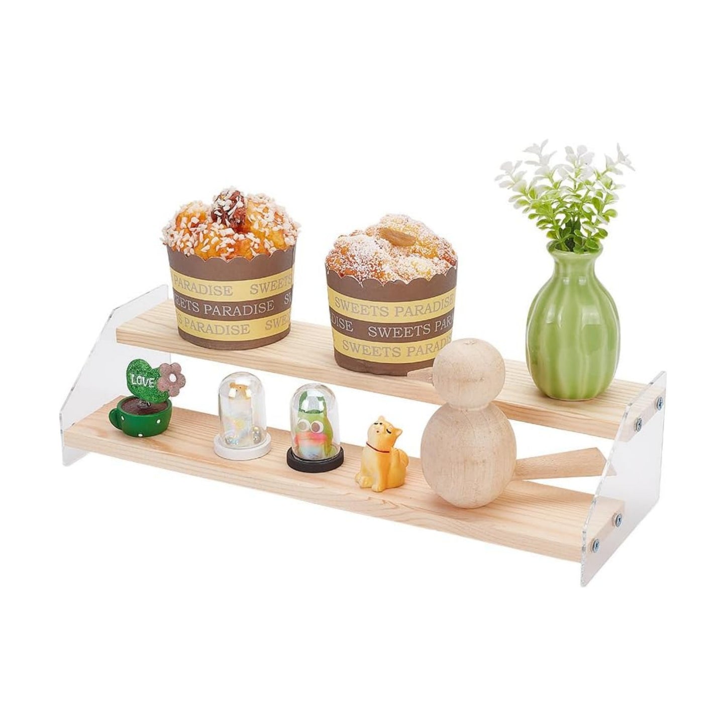 2 Tier Wood Acrylic Display Stand Riser Shelf Wooden Display Shelf Risers Organizer / 12 x 4.21