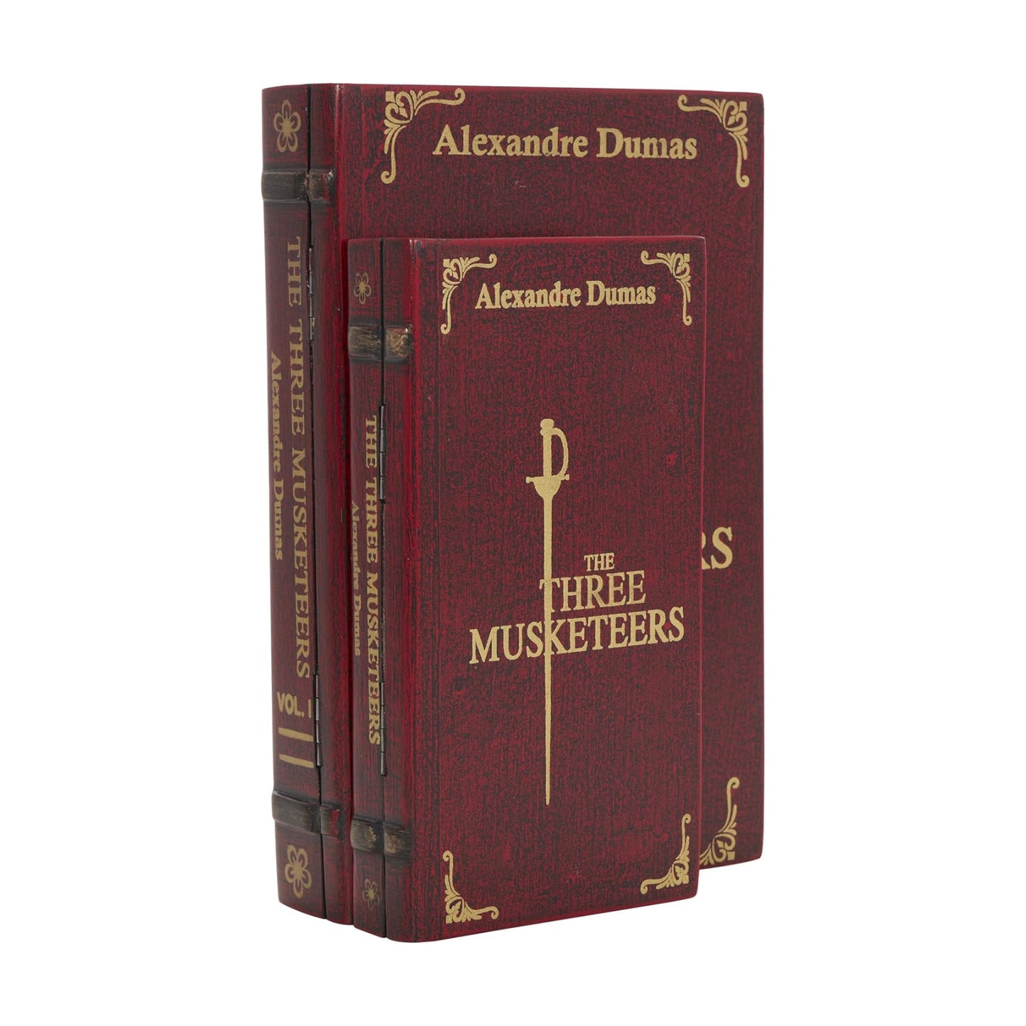 Wooden Decorative Box "The Three Musketeers" Storage Faux Book / Red / 11", 9"W / Set of 2