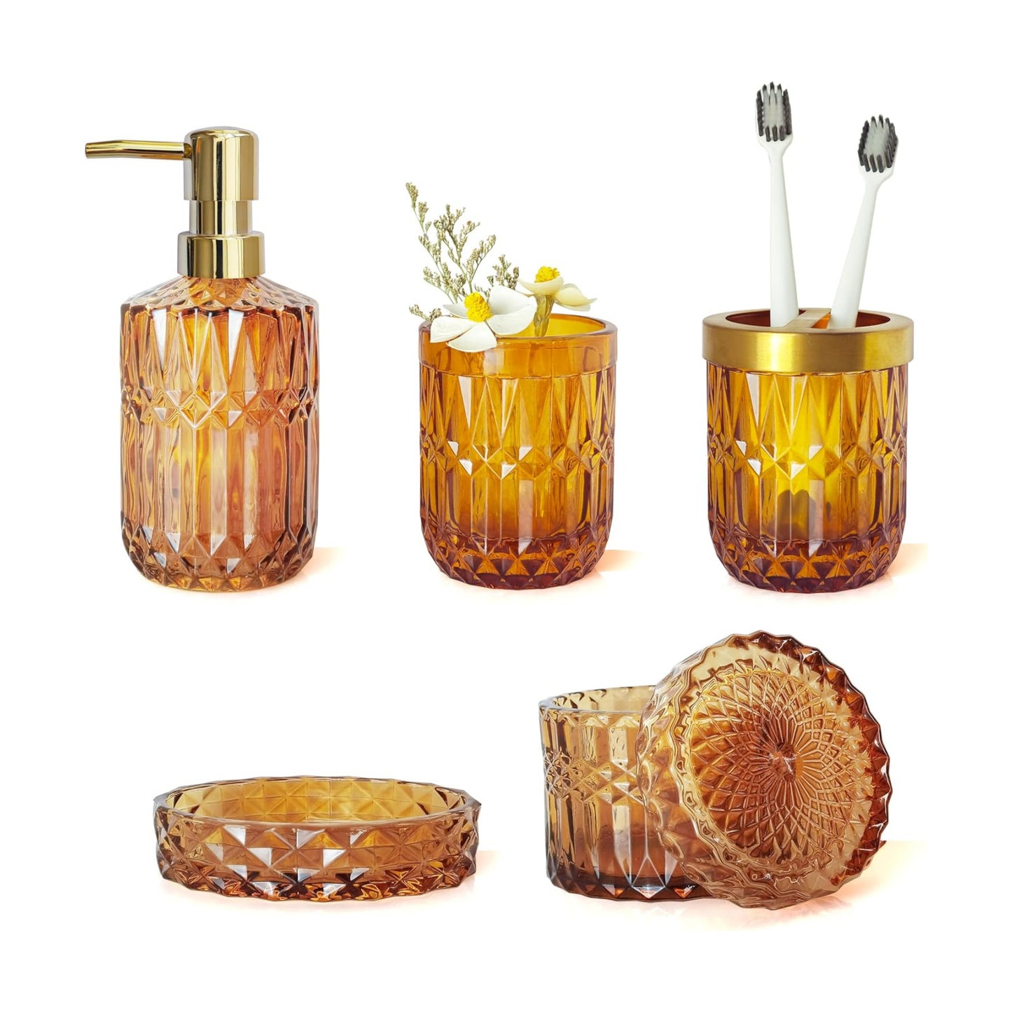 LaMarriti Amber Bathroom Accessories Set, 5Pcs Clear Glass Bathroom Set | Toothbrush Holder Set, Soap Dispenser, Soap