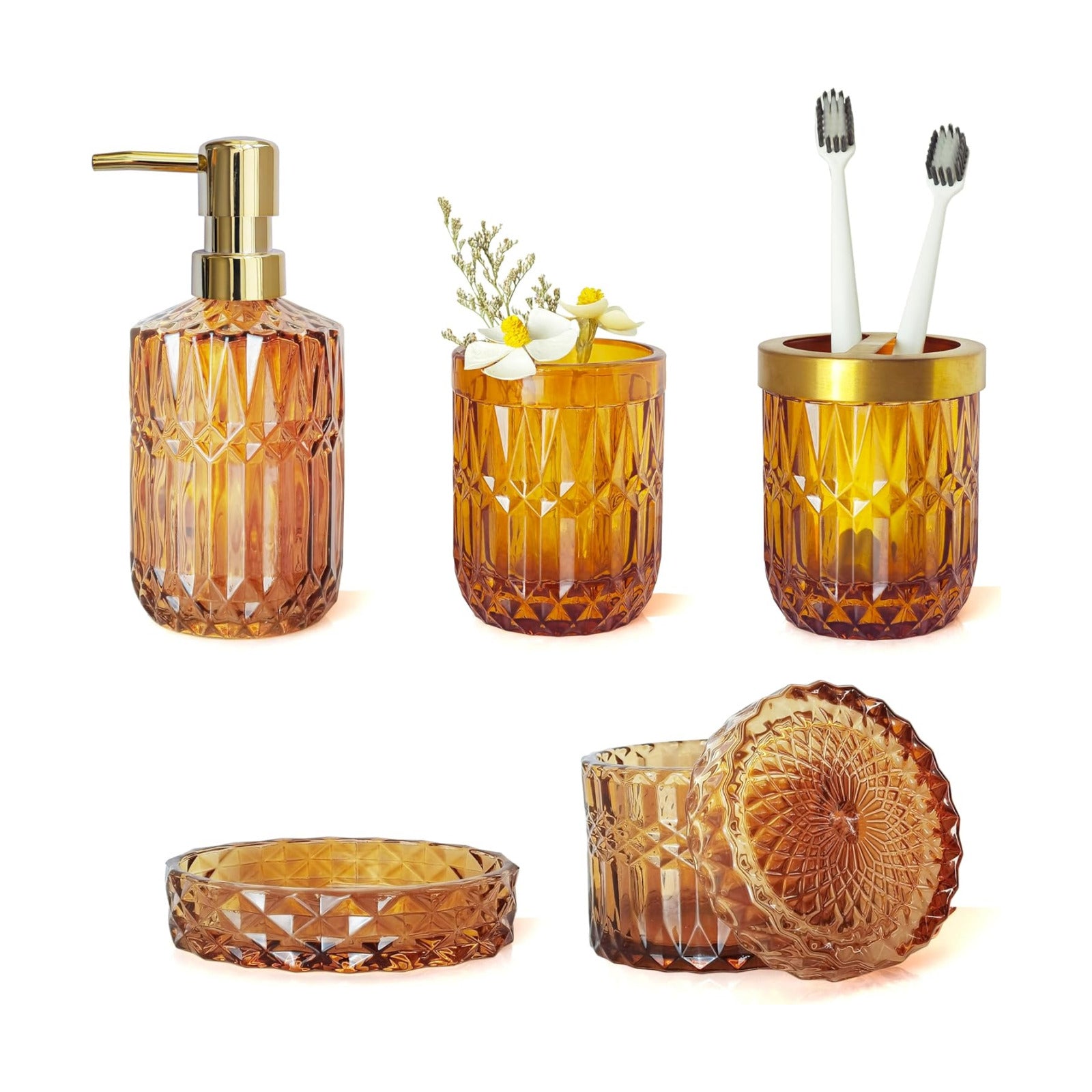 LaMarriti Amber Bathroom Accessories Set, 5Pcs Clear Glass Bathroom Set | Toothbrush Holder Set, Soap Dispenser, Soap