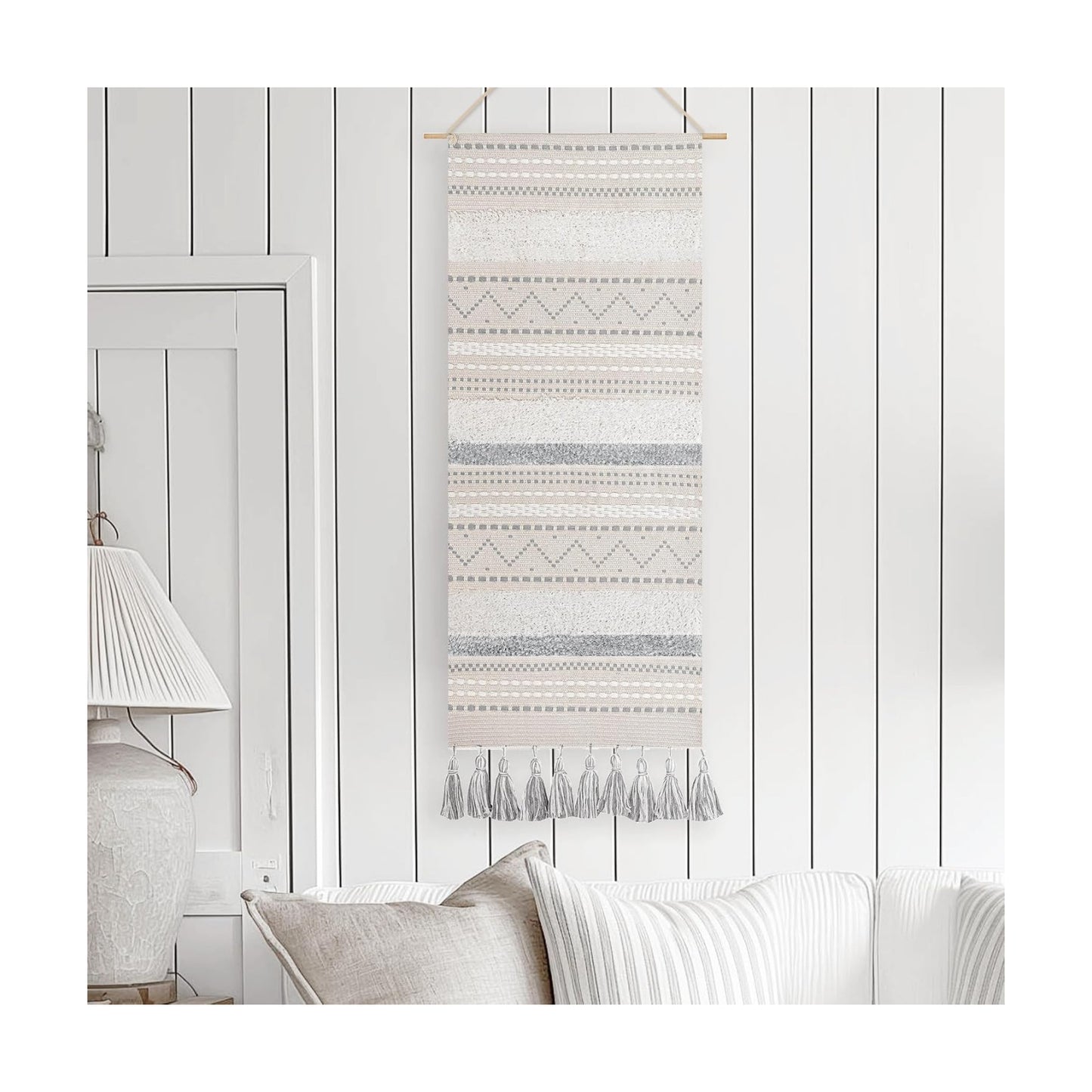Long Vertical Wall Hanging Tapestry Woven Boho Farmhouse Decor Cream Tassel Handmade Wall Art / Gray