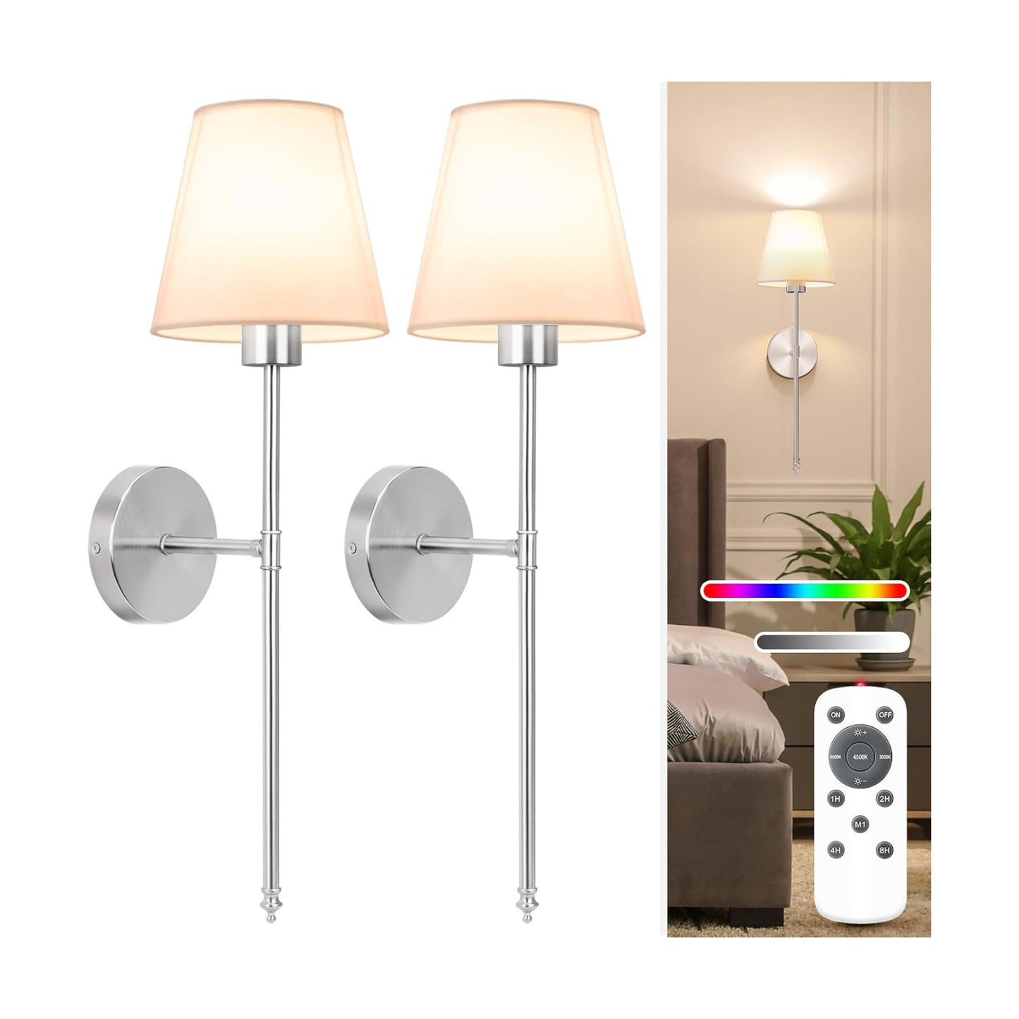 Battery Operated Wall Sconce Set of 2,Brushed Nickel Rechargeable Wall Lights with 10400mAh Dimmable Detachable Bulbs