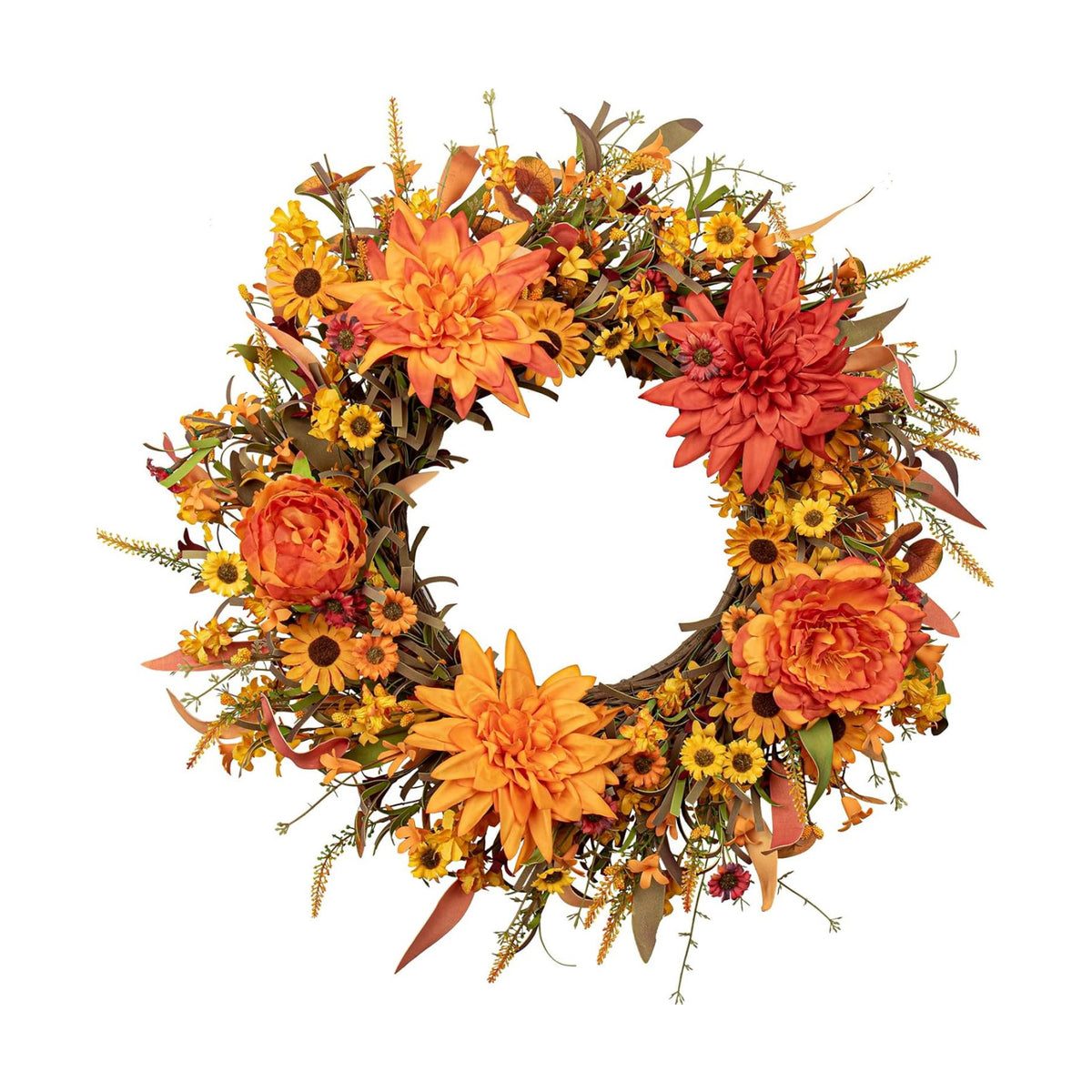 J'FLORU 20” Artificial Fall Wreath Autumn Wreaths for Front Door Thanksgiving Wreath with Peony Dahlia Daisy Flowers for Thanksgiving Day Harvest Festival Wall Porch Indoor Outdoor