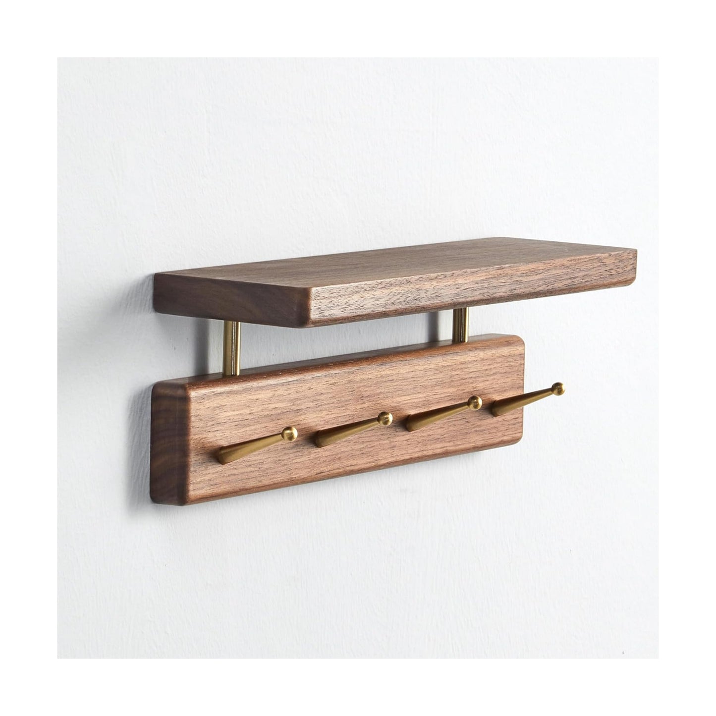 Solid Wood Shelf with Hooks, 12 inch Coat Rack Wall Mount, Shelves with 4 Brass Hooks for Hanging in Entryway, Living