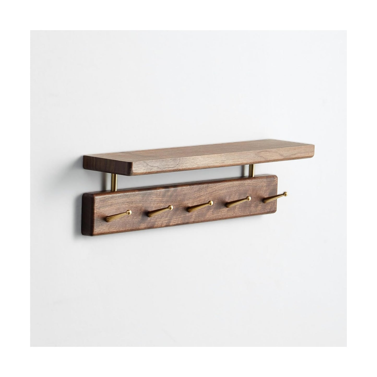 Solid Wood Shelf with Hooks, 15 inch Coat Rack Wall Mount, Shelves with 5 Brass Hooks for Hanging in Entryway, Living