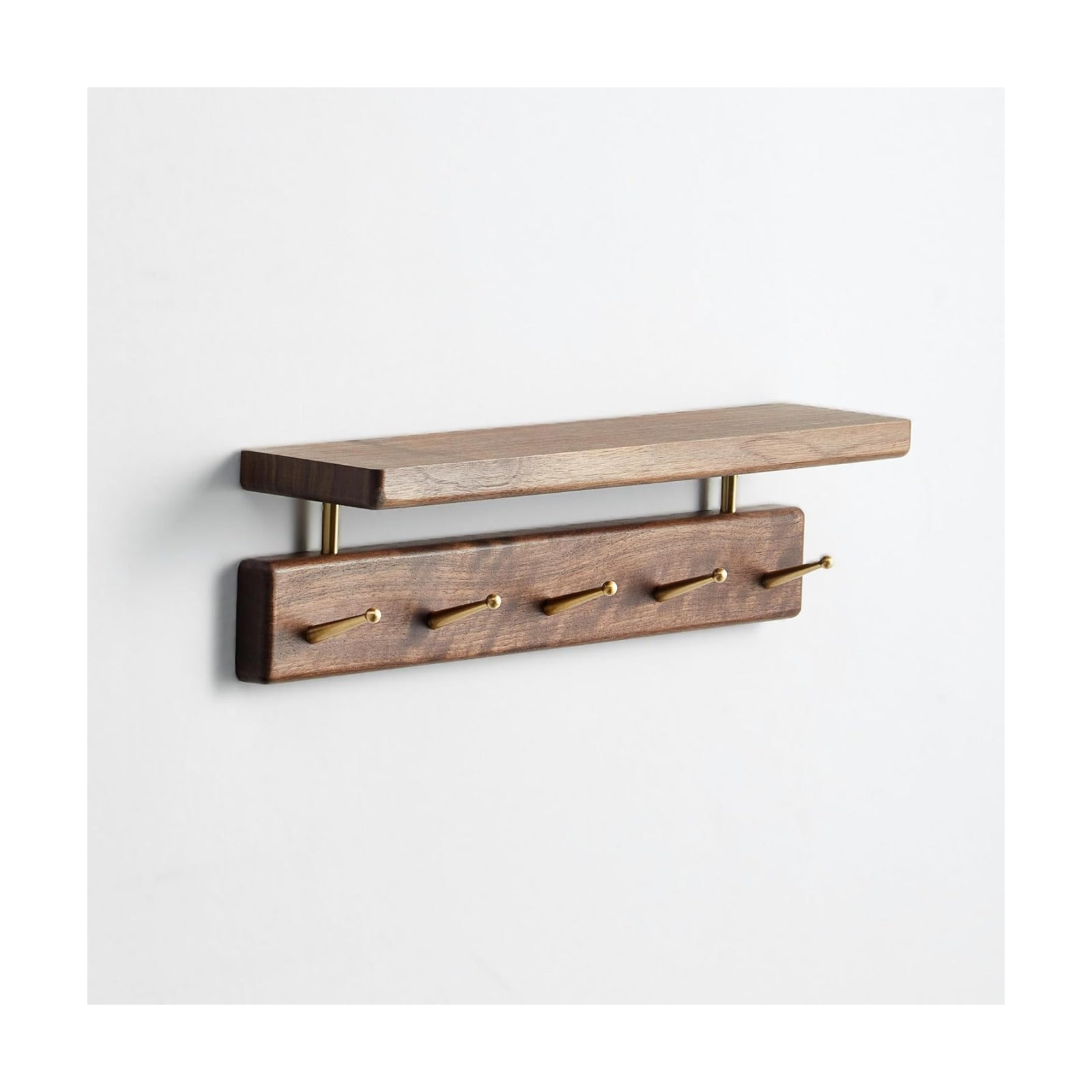 Solid Wood Shelf with Hooks, 15 inch Coat Rack Wall Mount, Shelves with 5 Brass Hooks for Hanging in Entryway, Living