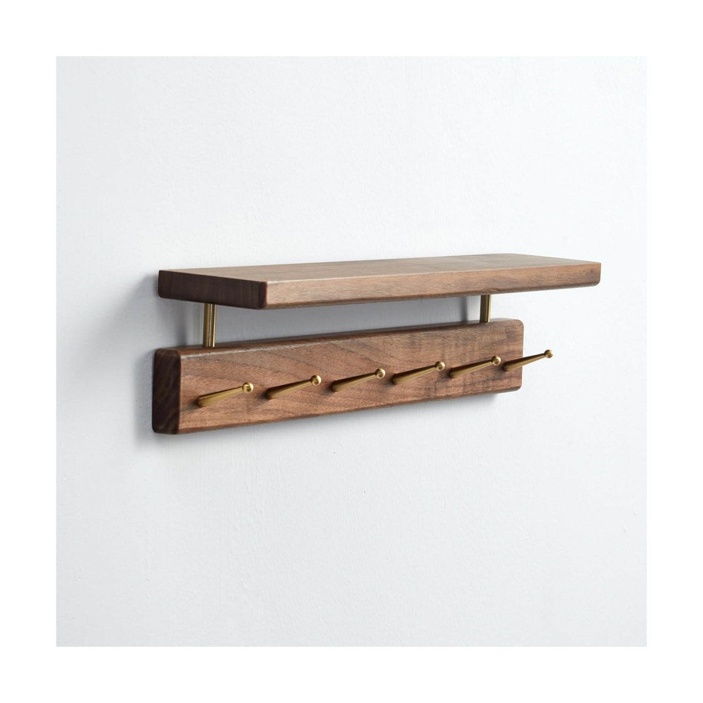 Solid Wood Shelf with Hooks, 19 inch Coat Rack Wall Mount, Shelves with 6 Brass Hooks for Hanging in Entryway, Living