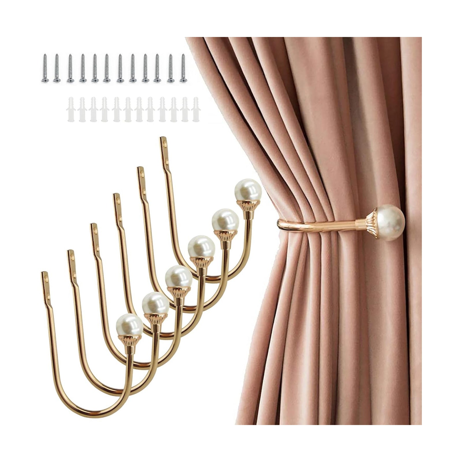 6 Pack Curtain Holdbacks Wall Mounted Curtain Tiebacks Hooks Plastic Pearl U Shape Curtain Tiebacks with Screws Curtain