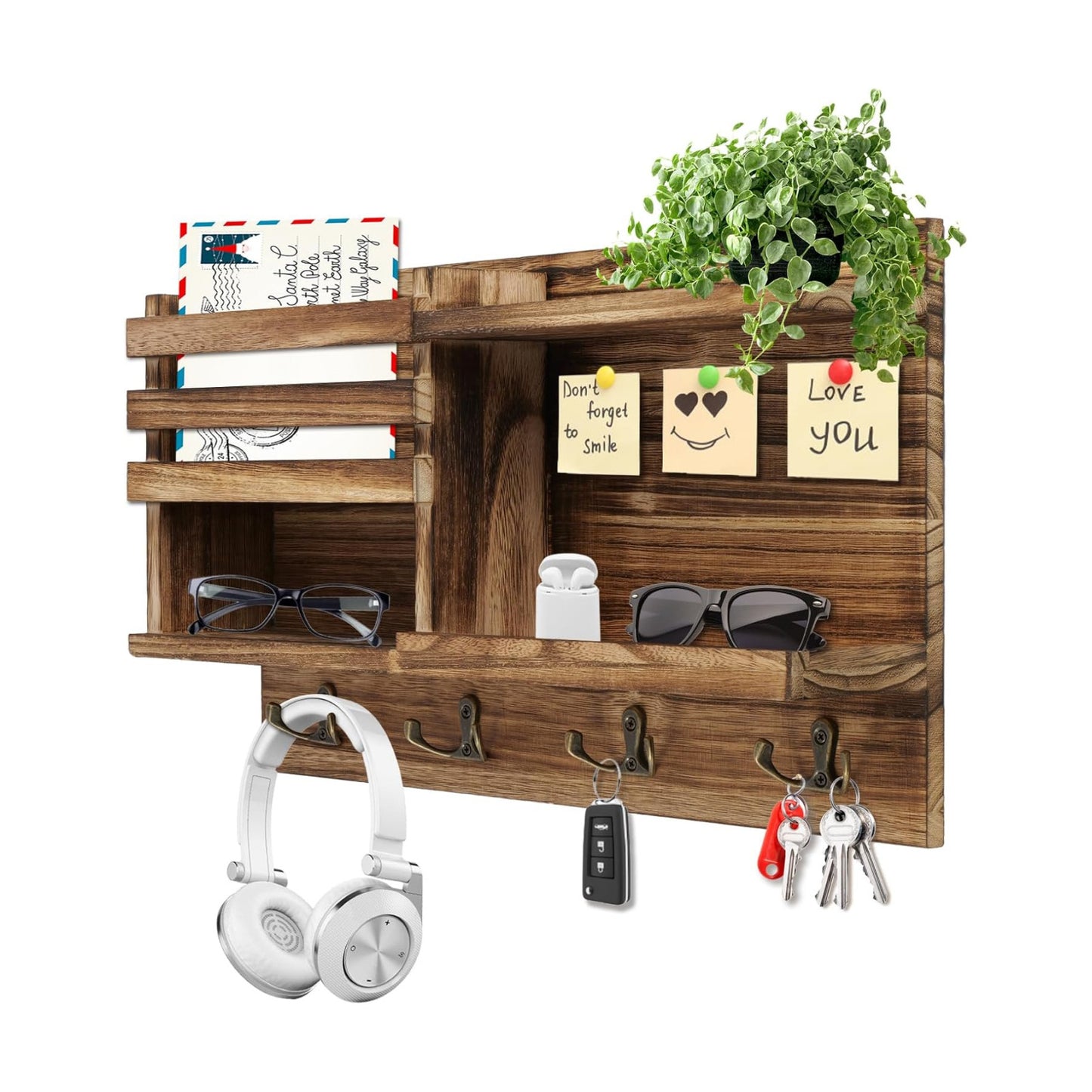 Solid Wood Key and Mail Organizer / Burnt Brown