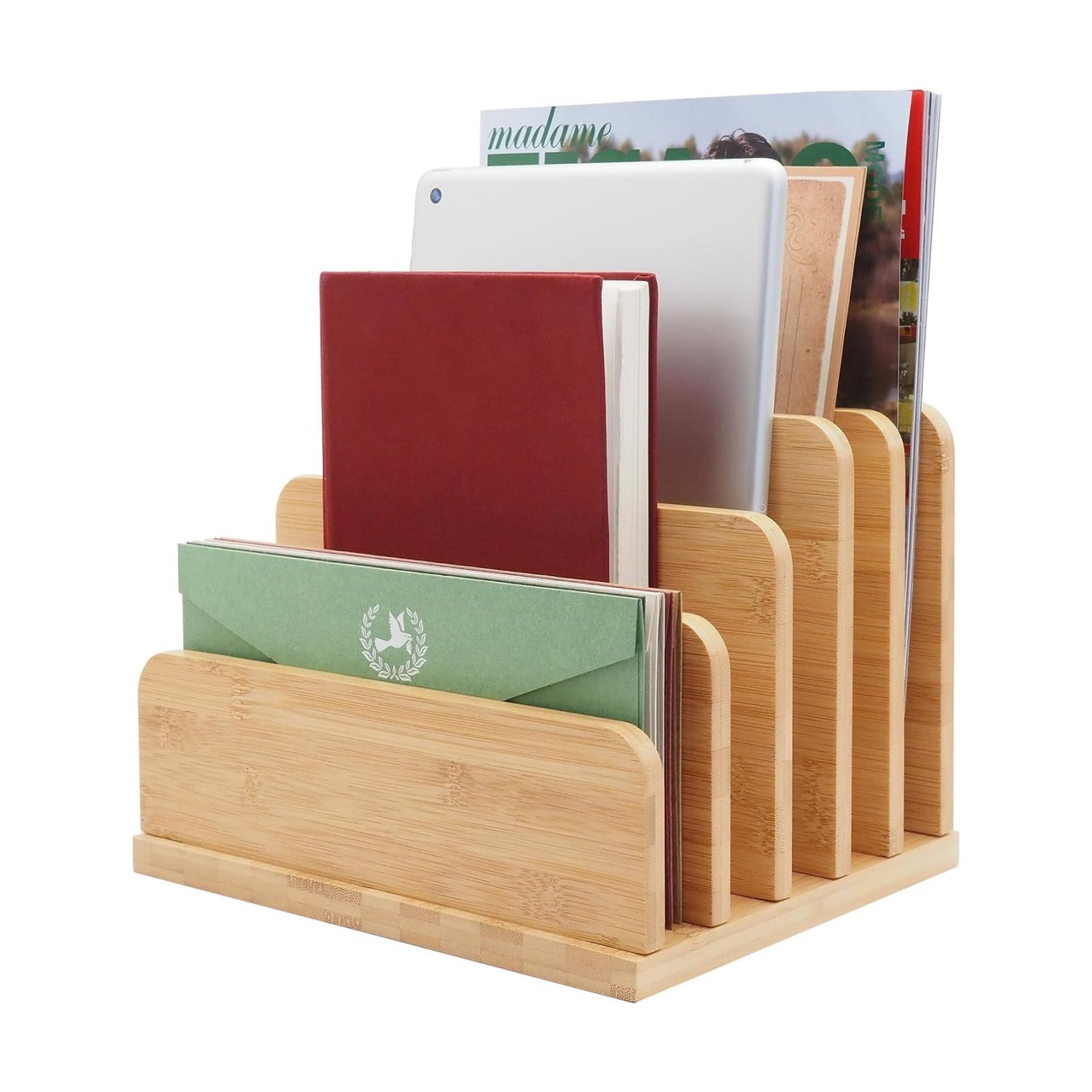 Desk File Mail Organizer Countertop, 5 Slots Bamboo Folder Sorter Holder for Letter, Envelope, Paper, Bill Filing