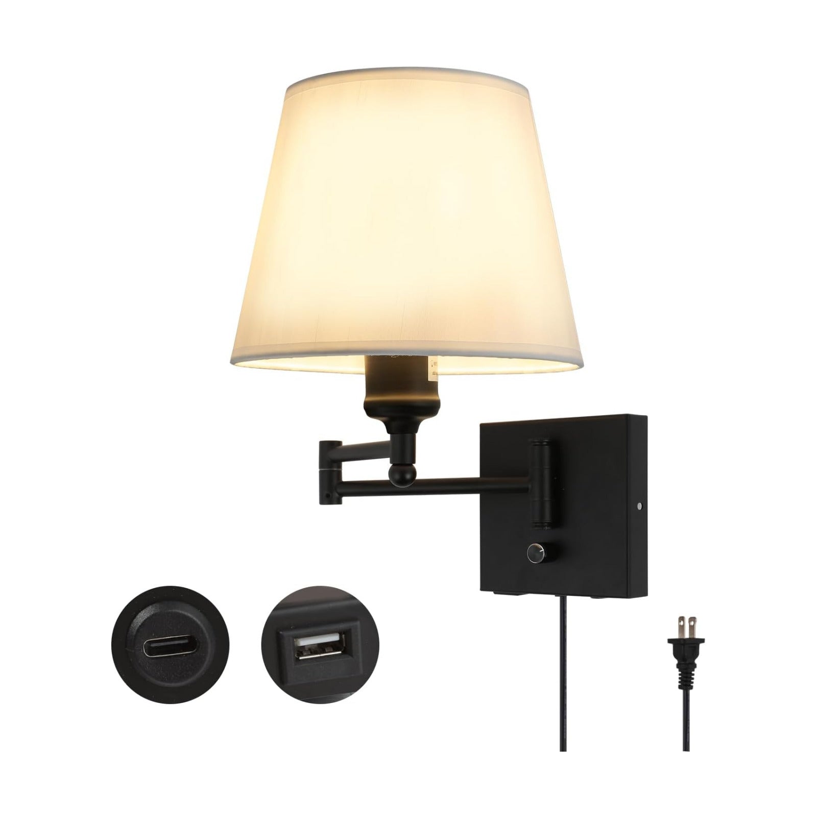 Bedside Wall Mount Light with Dimmable Switch and USB C+A Charging Port, Swing Arm Fabric Shade Wall Sconce Light with