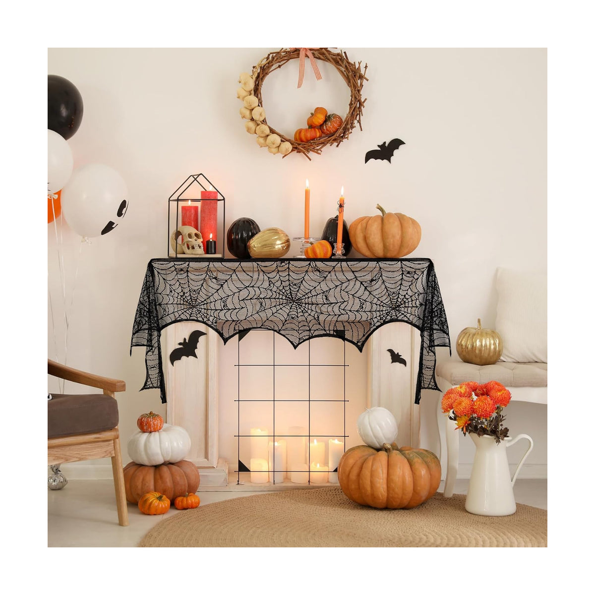 Halloween Fireplace Scarf, Black Lace Spiderweb Fireplace Mantle, Cobweb Fireplace Scarf for Halloween Party Door Window Decoration 18 x 96 inch
