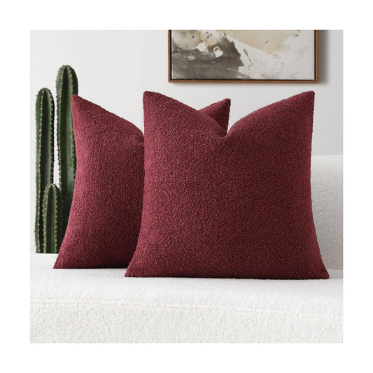 Decorative Throw Pillow Covers Soft Solid Boucle Textured Cushion / Burgundy / 18 x 18 / Set of 2