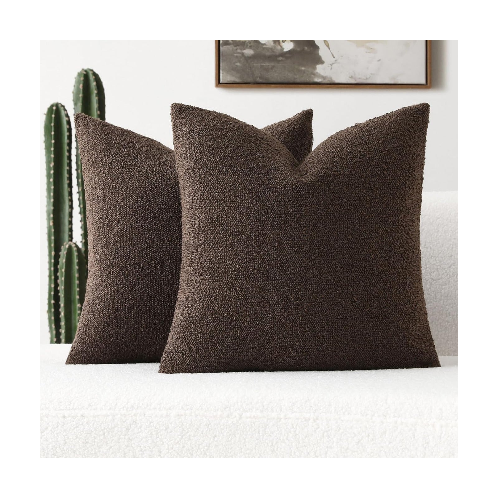 Decorative Throw Pillow Covers Soft Solid Boucle Textured Cushion / Dark Coffee / 18 x 18 / Set of 2