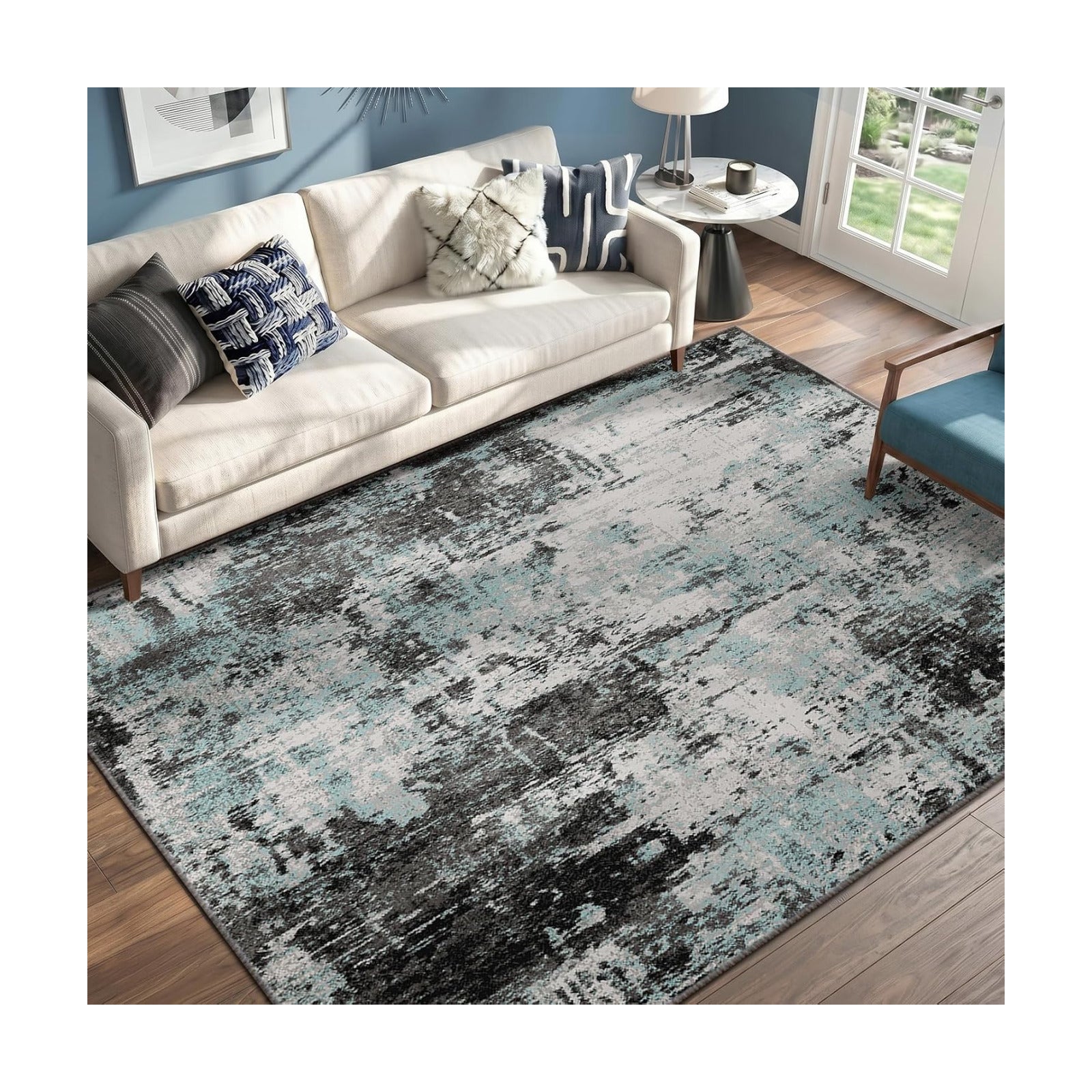 RELEANY Washable 6'x9' Abstract Area Rug for Living Room Teal Black