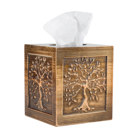 Embossed Wood Tissue Box Cover Square Brown Tissue Holder Lacquered Tree / Brown-tree of Life