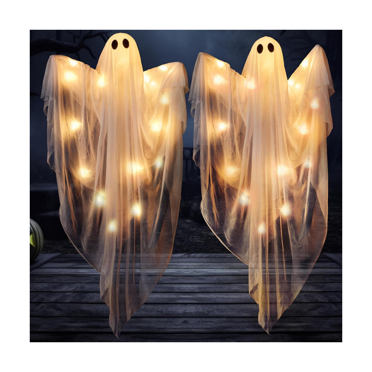 JOYIN 2 Pcs 47” Halloween Light up Hanging Ghost Decorations Outdoor, Halloween Flying Hanging Ghosts with Warm LED Lights and Timer for Haunted House Prop Front Yard Patio Party Decor Indoor Outdoor