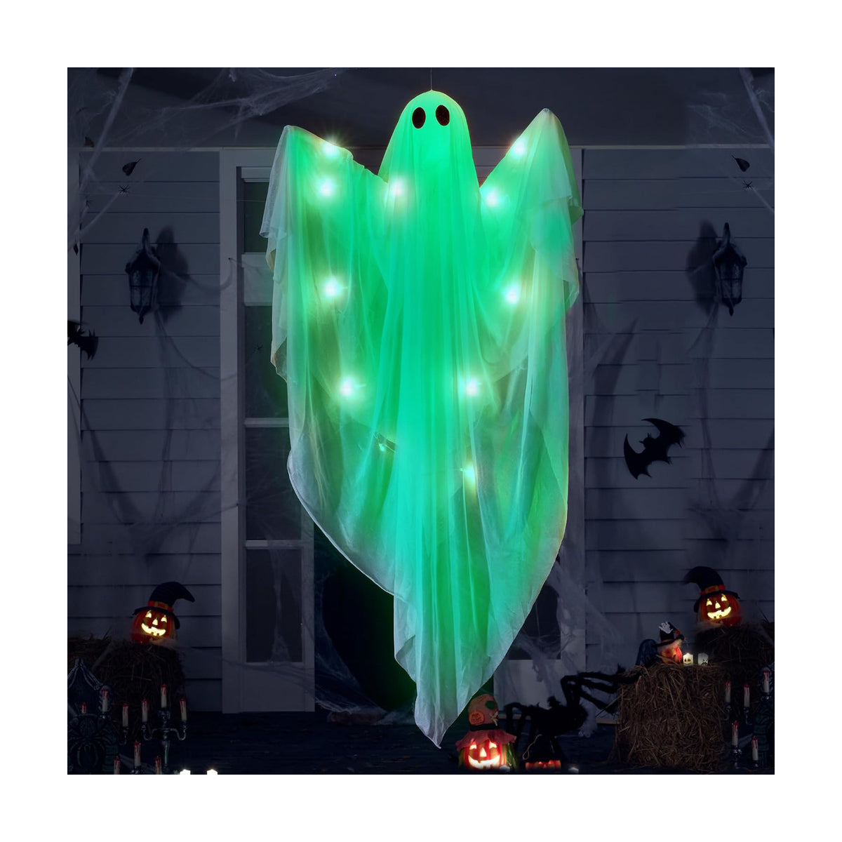 JOYIN Halloween Hanging Light up Ghost, 47" White Ghosts with Green LED Light and Timer Halloween Hanging Decoration Waterproof for Front Yard Patio LawnGarden Party Decor Indoor Outdoor