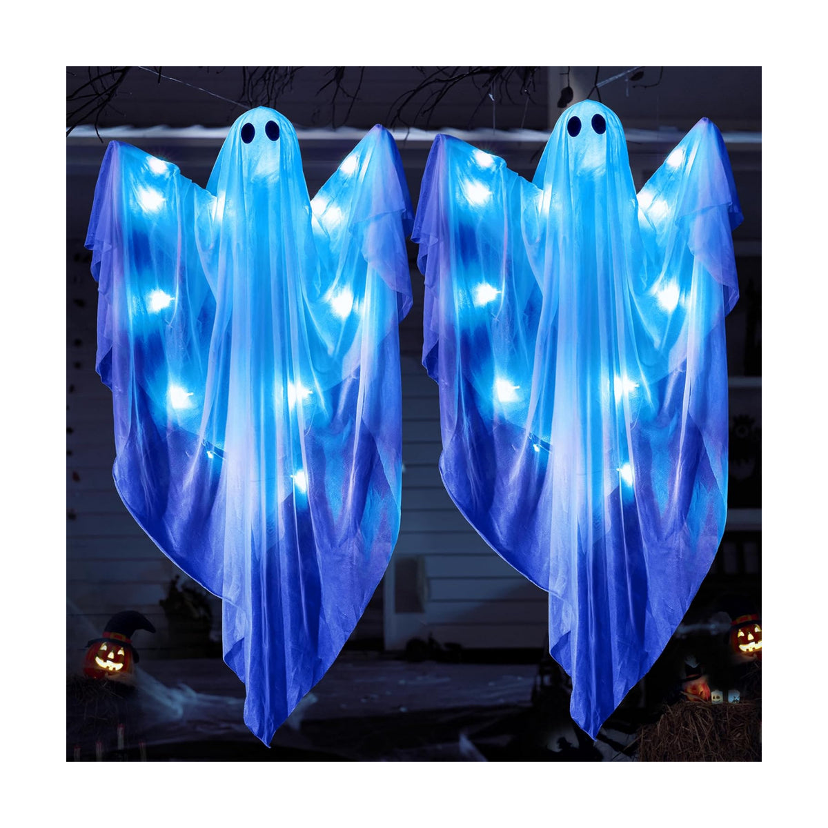 JOYIN 2 Pcs 35.5” Halloween Hanging Light up Ghost Decorations Outdoor, Halloween White Hanging Ghosts with Blue LED Lights and Timer for Haunted House Party Supplies Front Yard Patio Garden Decor