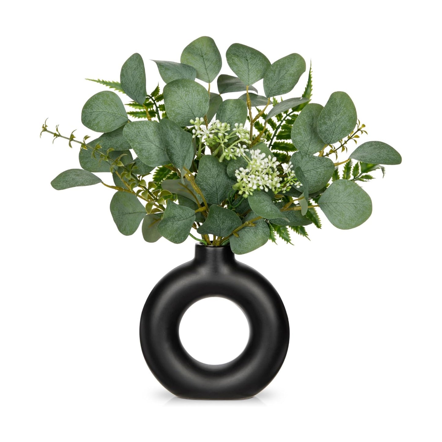 Artificial Eucalyptus Stems in Ceramic Vase 14.23" Fake Eucalyptus Plant Decor Donut Vase / Black