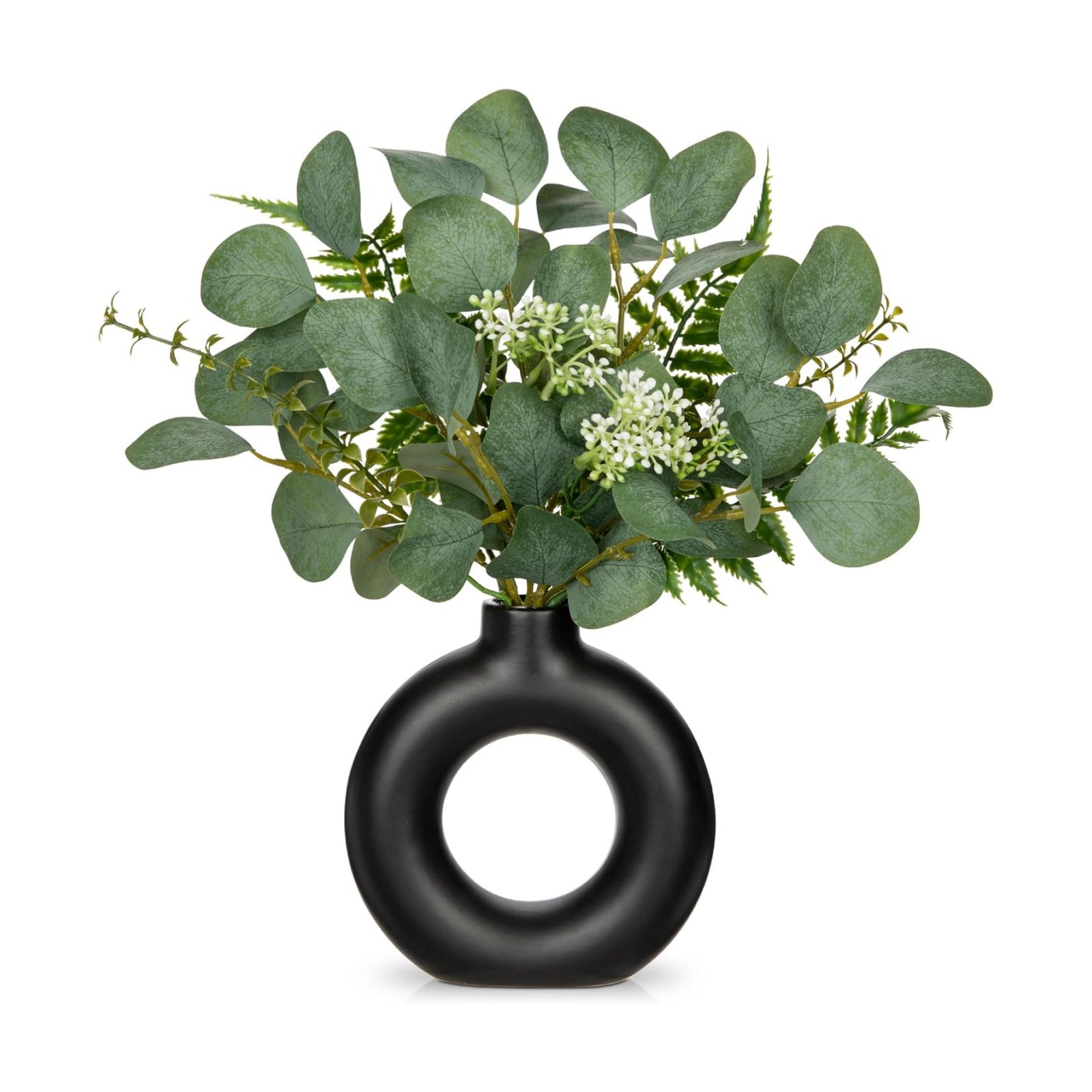 Artificial Eucalyptus Stems in Ceramic Vase 14.23" Fake Eucalyptus Plant Decor Donut Vase / Black