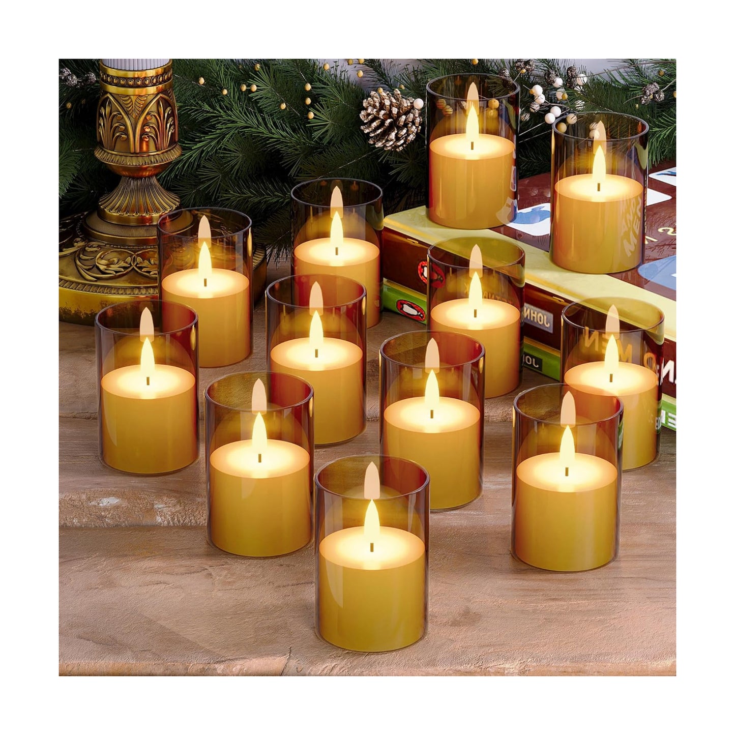 12Pack Flameless LED Candles with Timer, Battery Operated, Gold, 2"x3" | Small Pillar & Votive Candle with Realistic