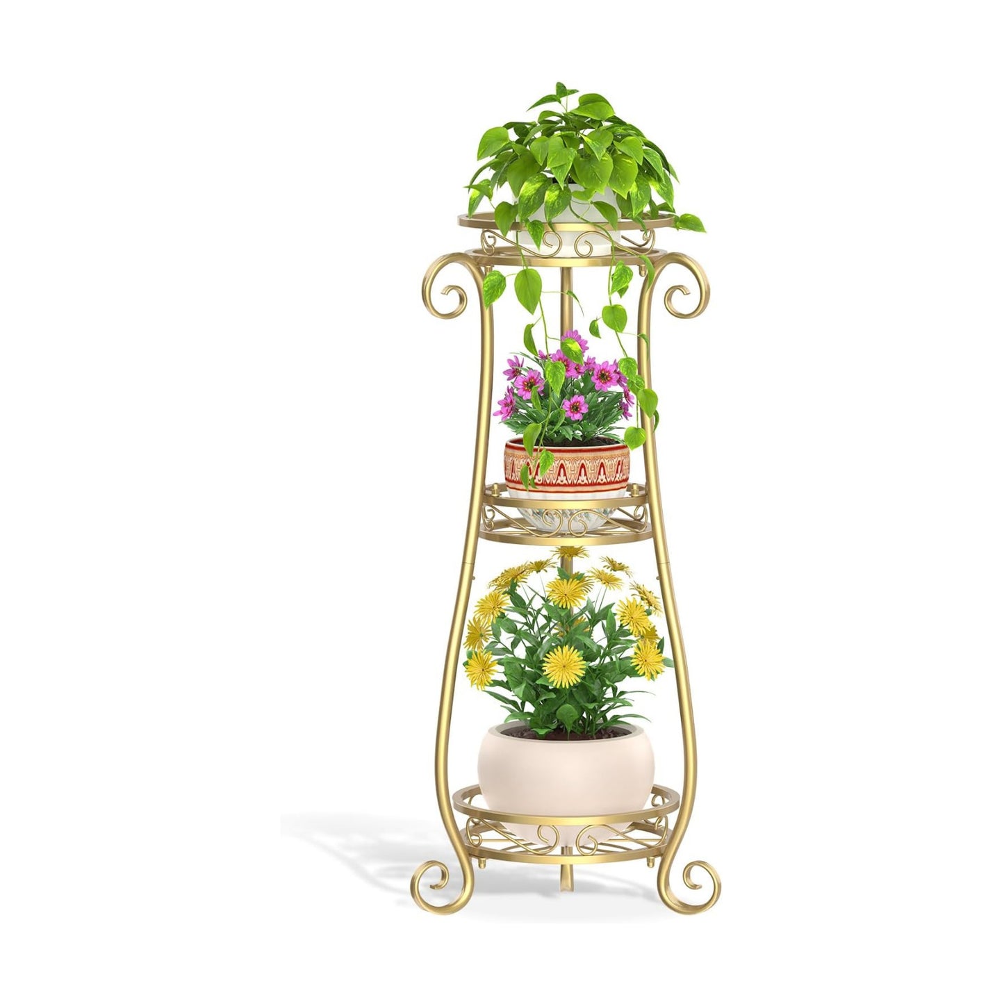 LASZOLA 3 Tiers Metal Corner Plant Flower Stand Tall Indoor Outdoor, Gold | Heavy Duty Small Holder Shelf for Multiple