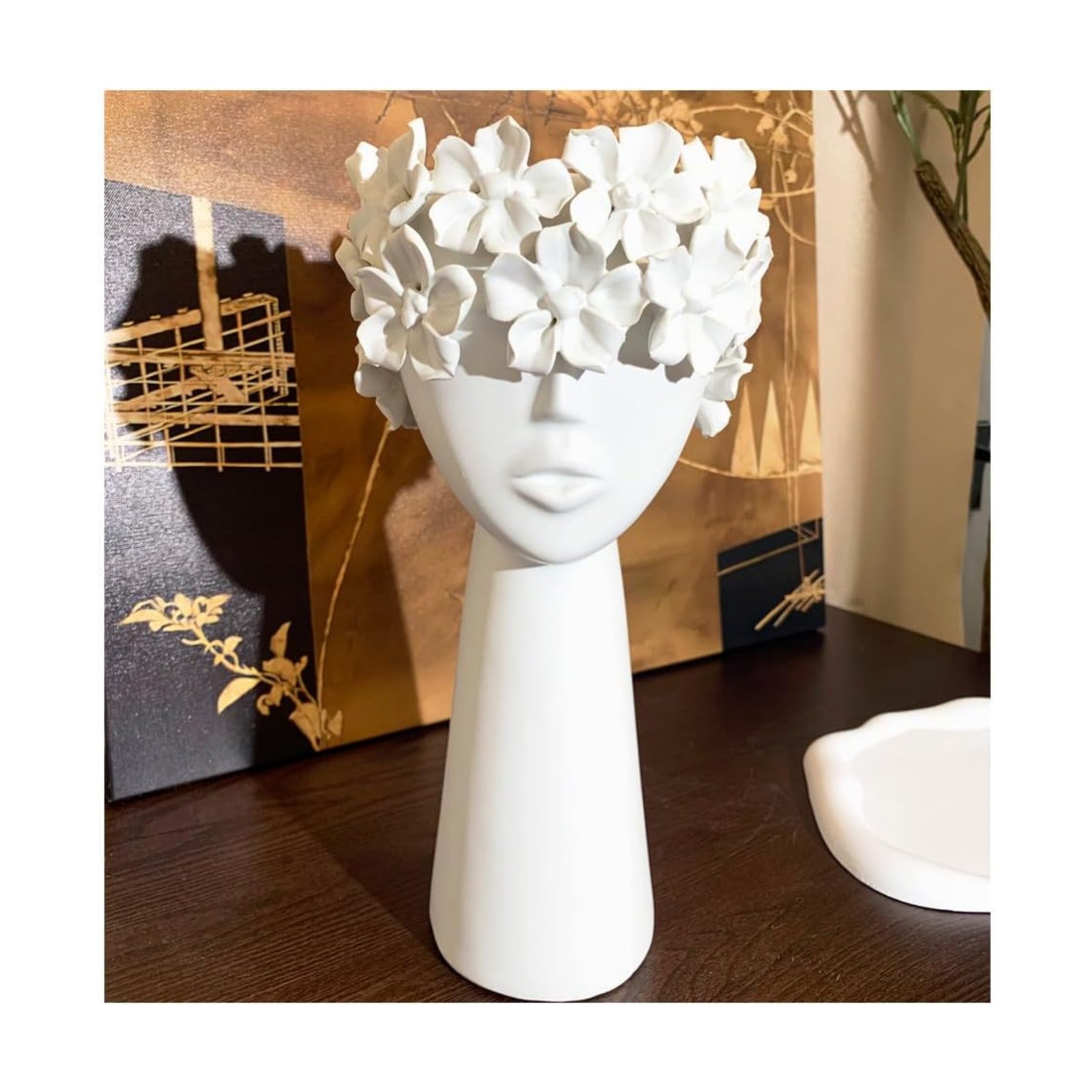 Ceramic Sculpture Female Head Face Flower Vase Decoration / White