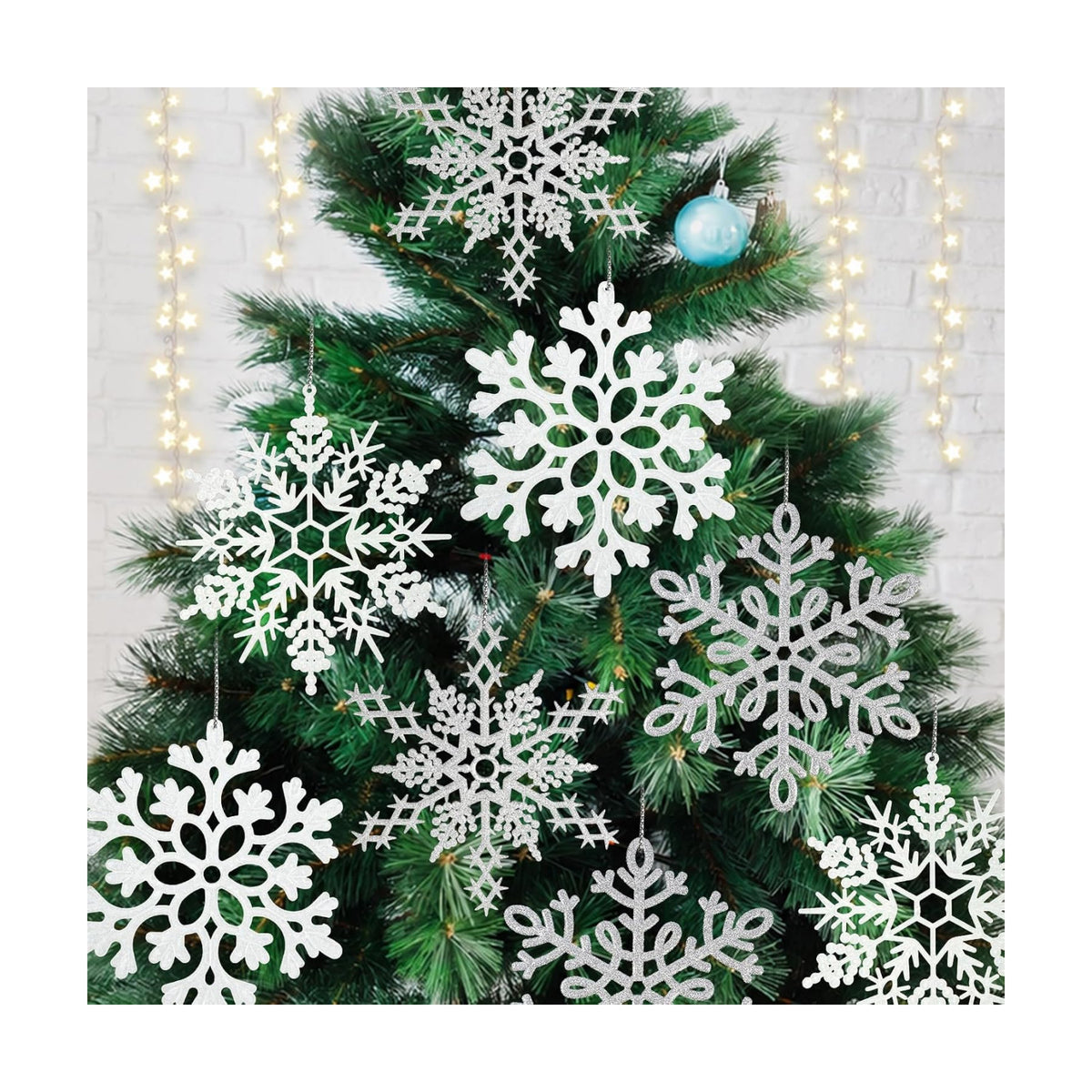 8pcs Large White Silver Snowflakes Ornaments Big Plastic Glitter Snowflake for Winter Indoor Outdoor Christmas Tree Window Room Decorations Giant Craft Snowflakes