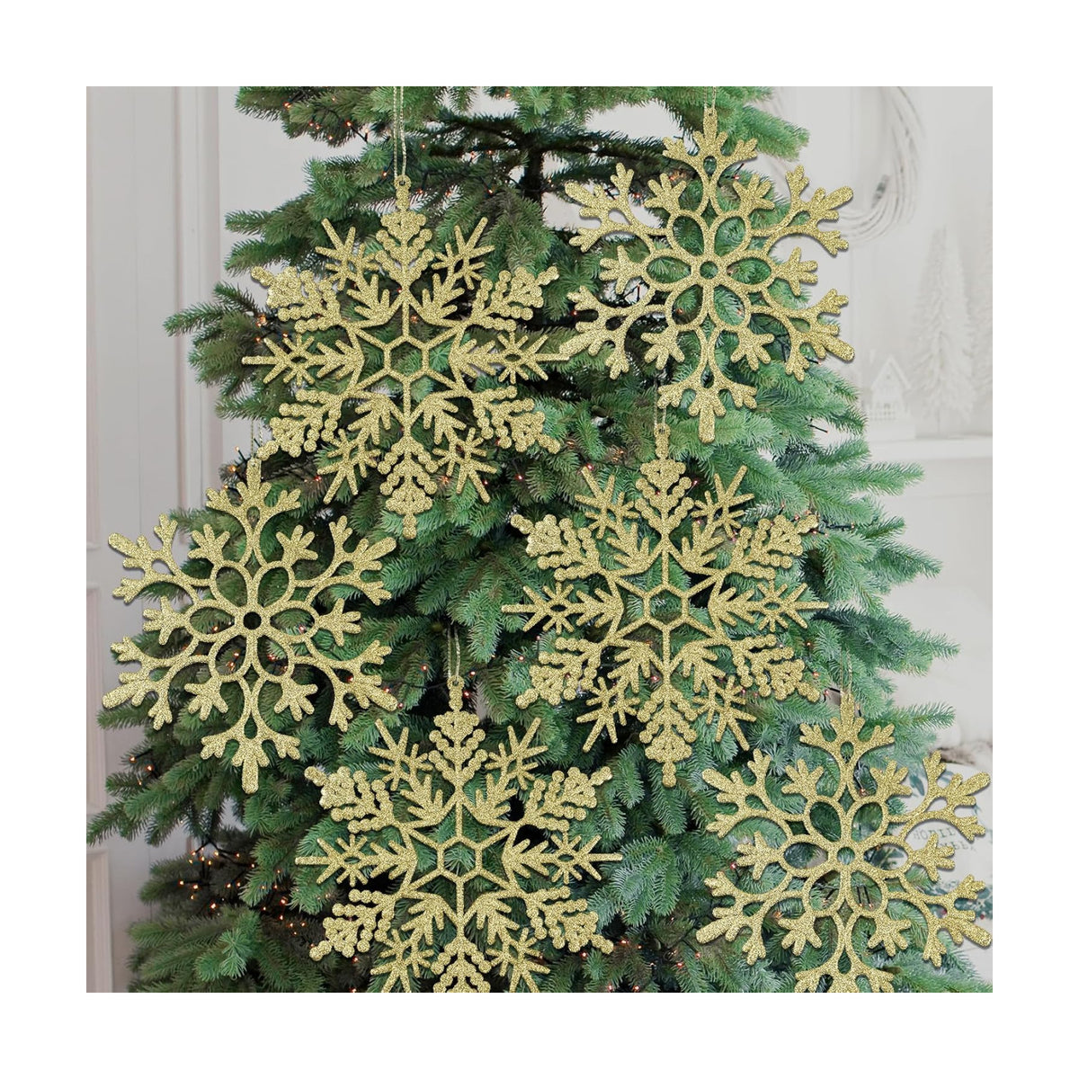 6pcs Large Gold Snowflakes Ornaments 12" Big Plastic Glitter Snowflake for Winter Indoor Outdoor Christmas Tree Window Room Decorations Giant Craft Snowflakes