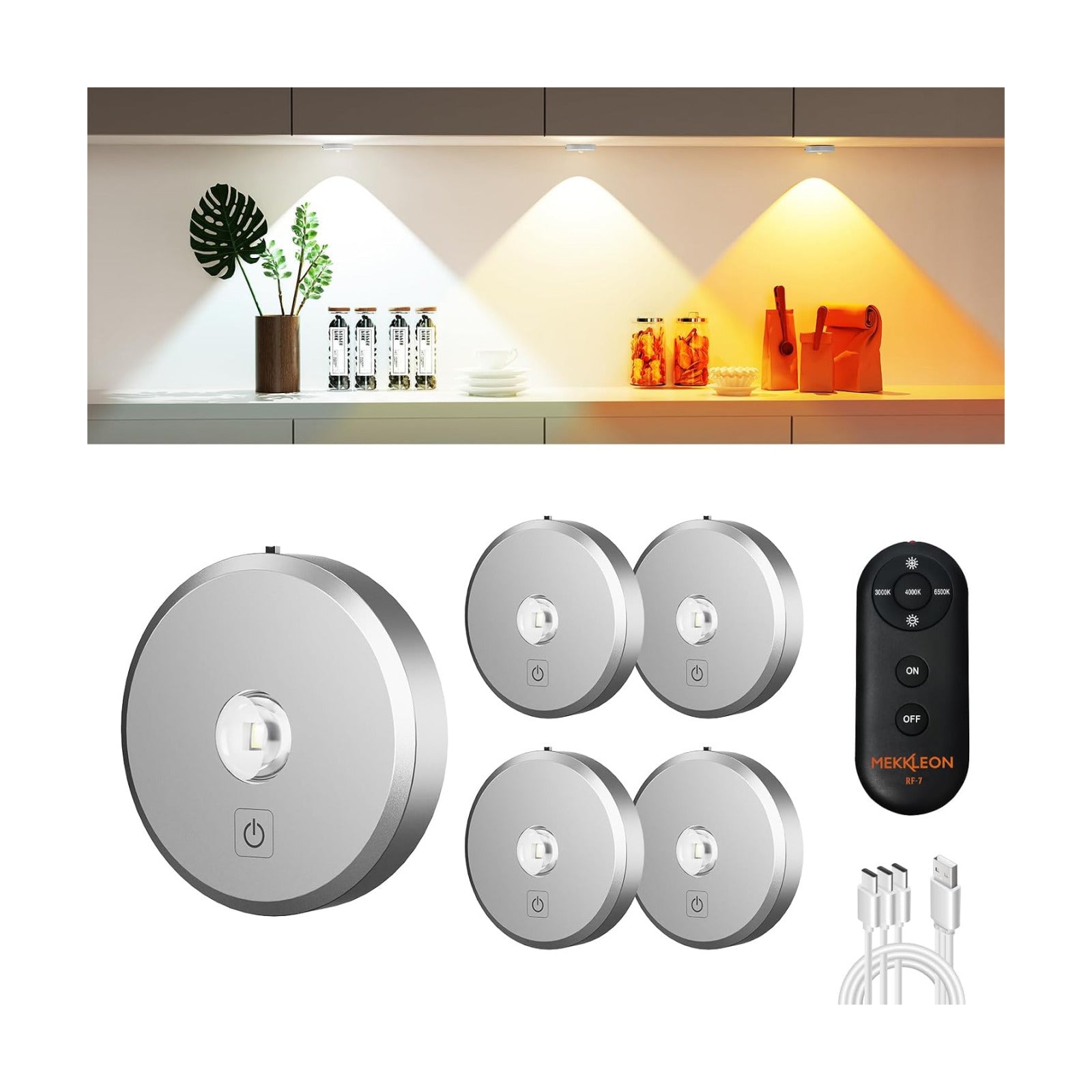 Puck Lights with Remote Control, Rechargeable, Wireless Under Cabinet Lights, 5Pcs (Silver)