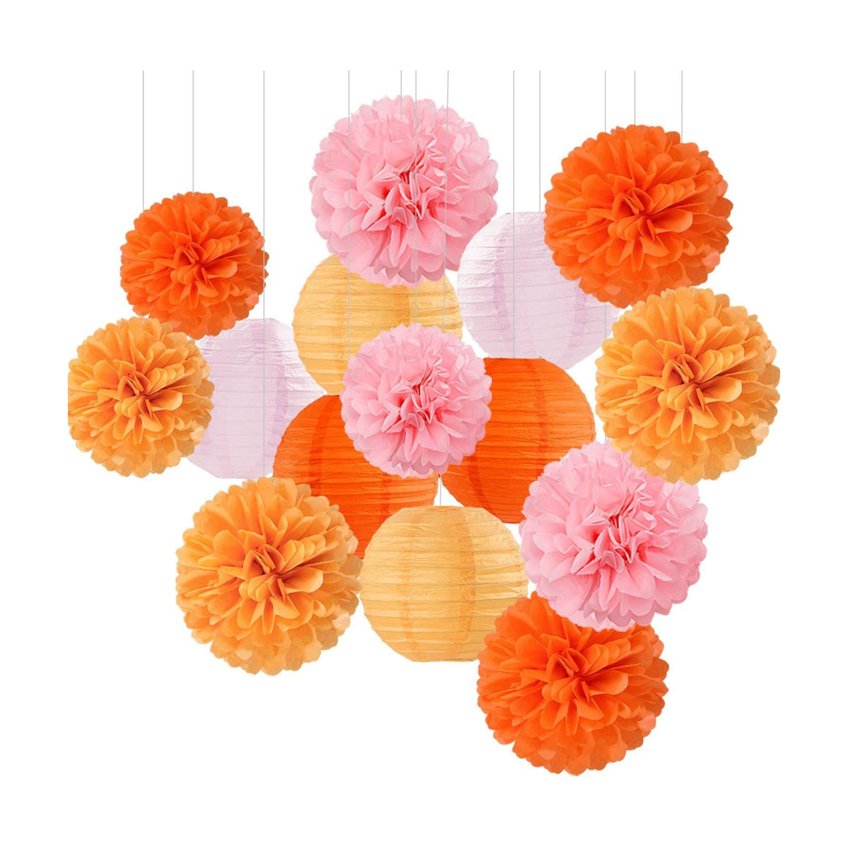 Pink-Orange Groovy Party-Decorations Paper-Flowers Lanterns - 15PCS Baby Shower Tissue Pom Poms Streamers, Fall Wedding Boho Birthday Bridal Bachelorette Sunset Hanging Supplies Decor Hugfond