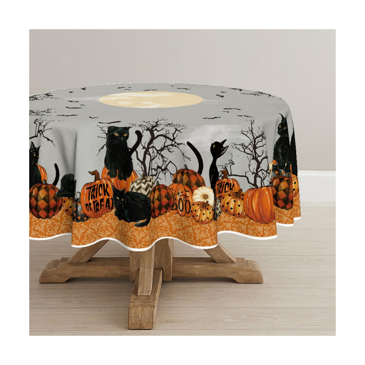 Horaldaily Halloween Tablecloth 70 x 70 Inch Round Pumpkin Moon Cat Trees