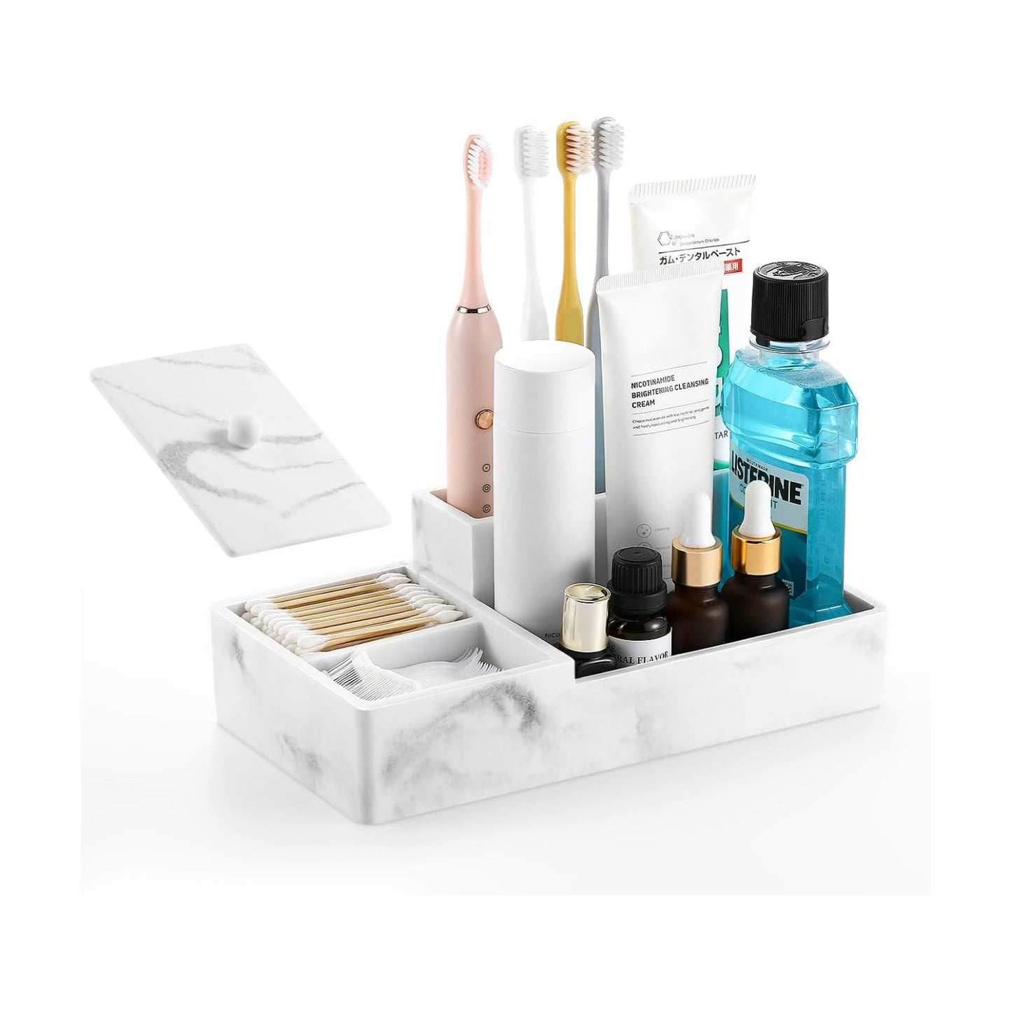 Luxspire Bathroom Counter Organizer with Lid, 6 Slots, Gravel White | Bathroom Vanity Organizer, Bathroom Organizer