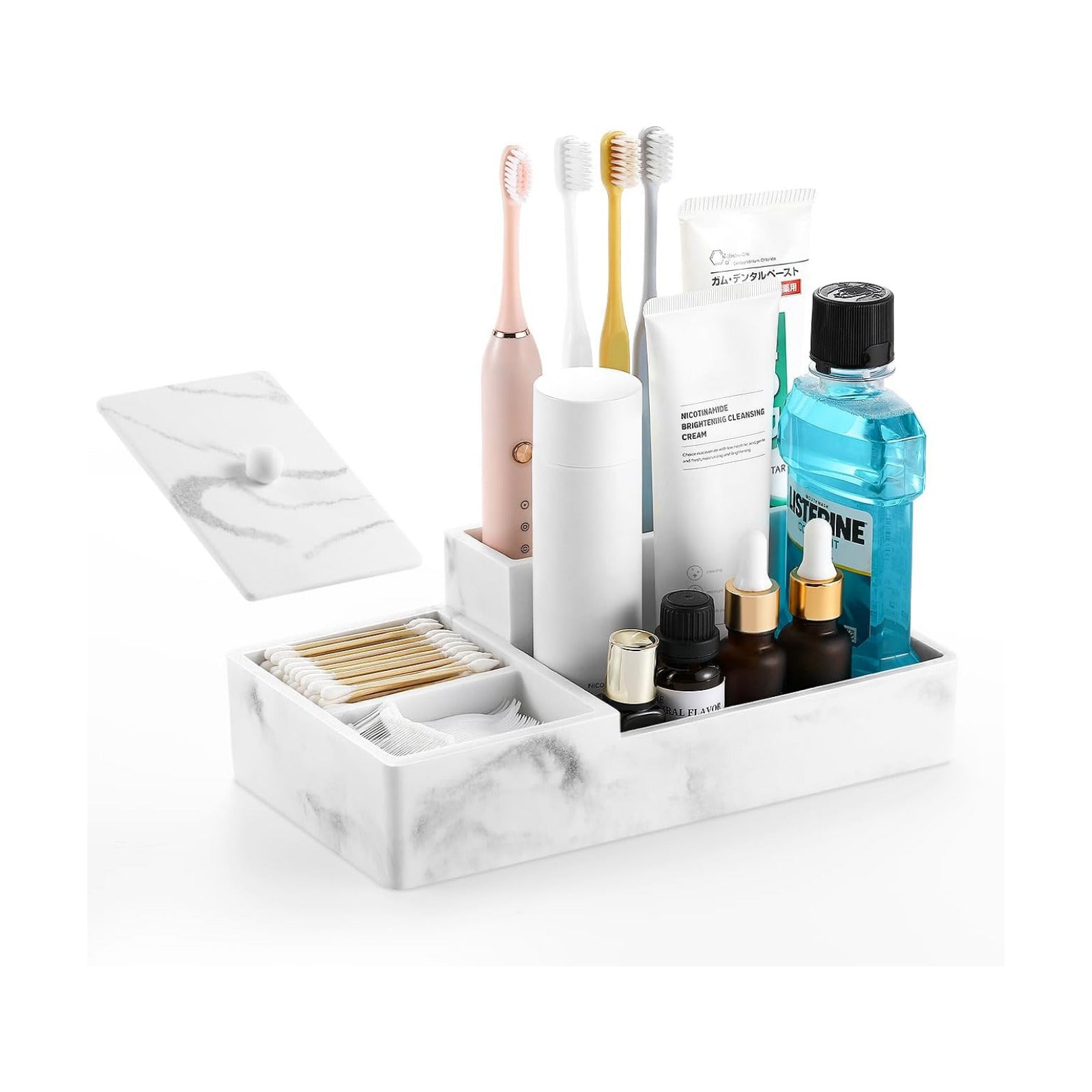Luxspire Bathroom Counter Organizer with Lid, 6 Slots, Gravel White | Bathroom Vanity Organizer, Bathroom Organizer
