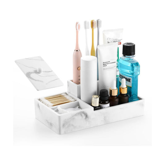 Luxspire Bathroom Counter Organizer with Lid, 6 Slots, Gravel White | Bathroom Vanity Organizer, Bathroom Organizer