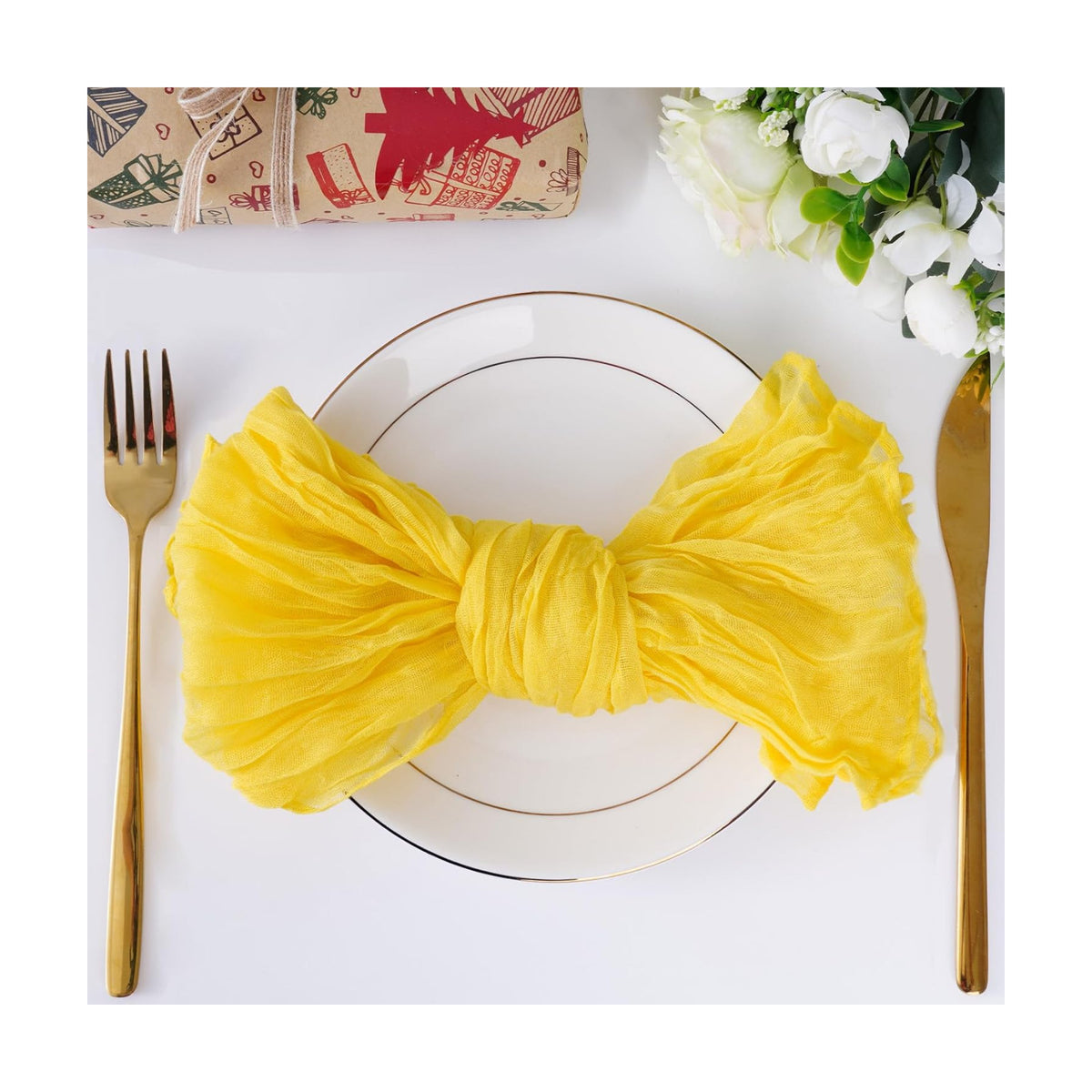 Nydotd 6pcs Cheesecloth Napkins 20 x 20 Inch Boho Dinner Napkins Wrinkled Rustic Linen Table Decorative Cloth Napkins for Wedding Party Baby Shower Family Everyday Use (Lemon Yellow)