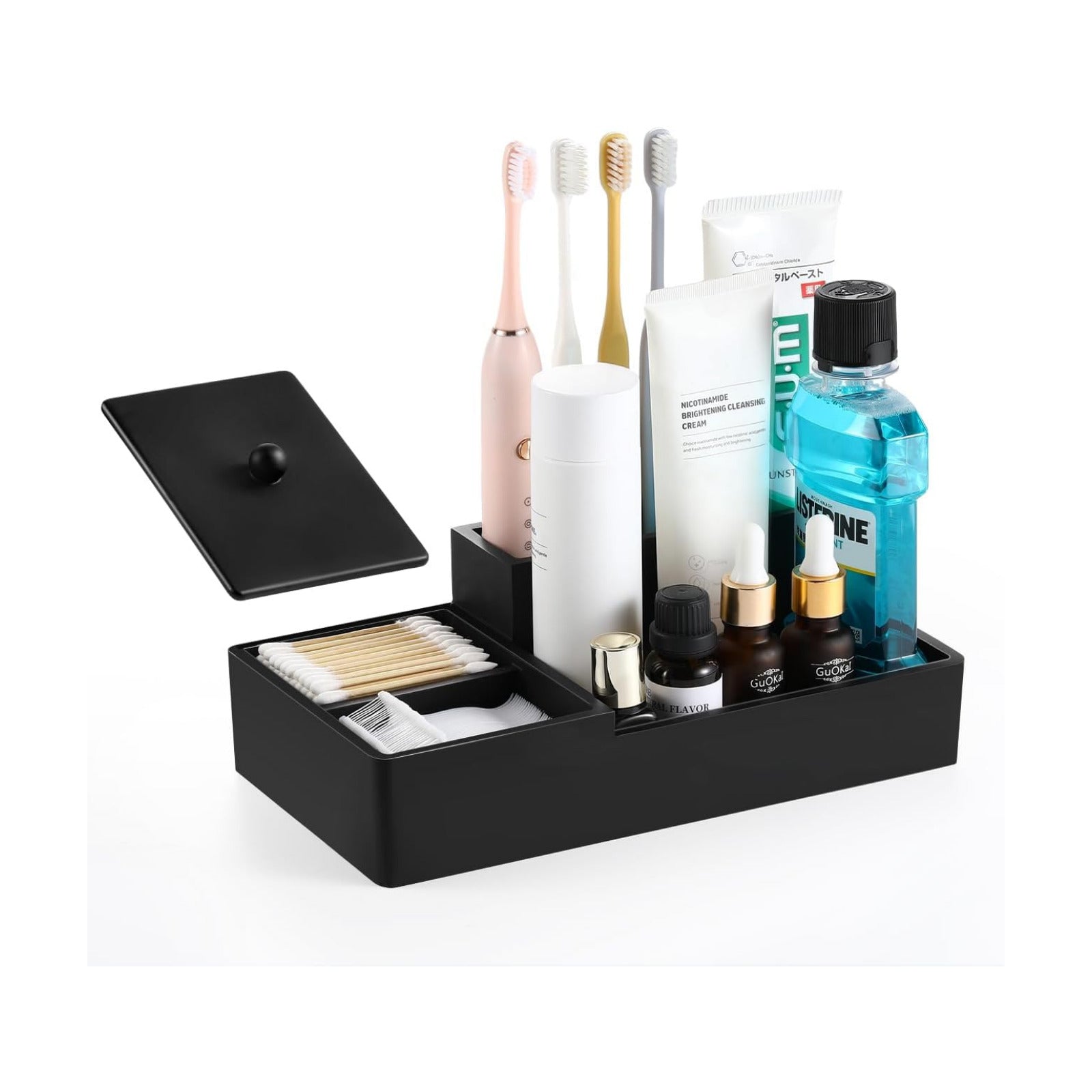 Luxspire Bathroom Counter Organizer with Lid, 6 Slots, Matte Black | Bathroom Vanity Organizer, Bathroom Organizer