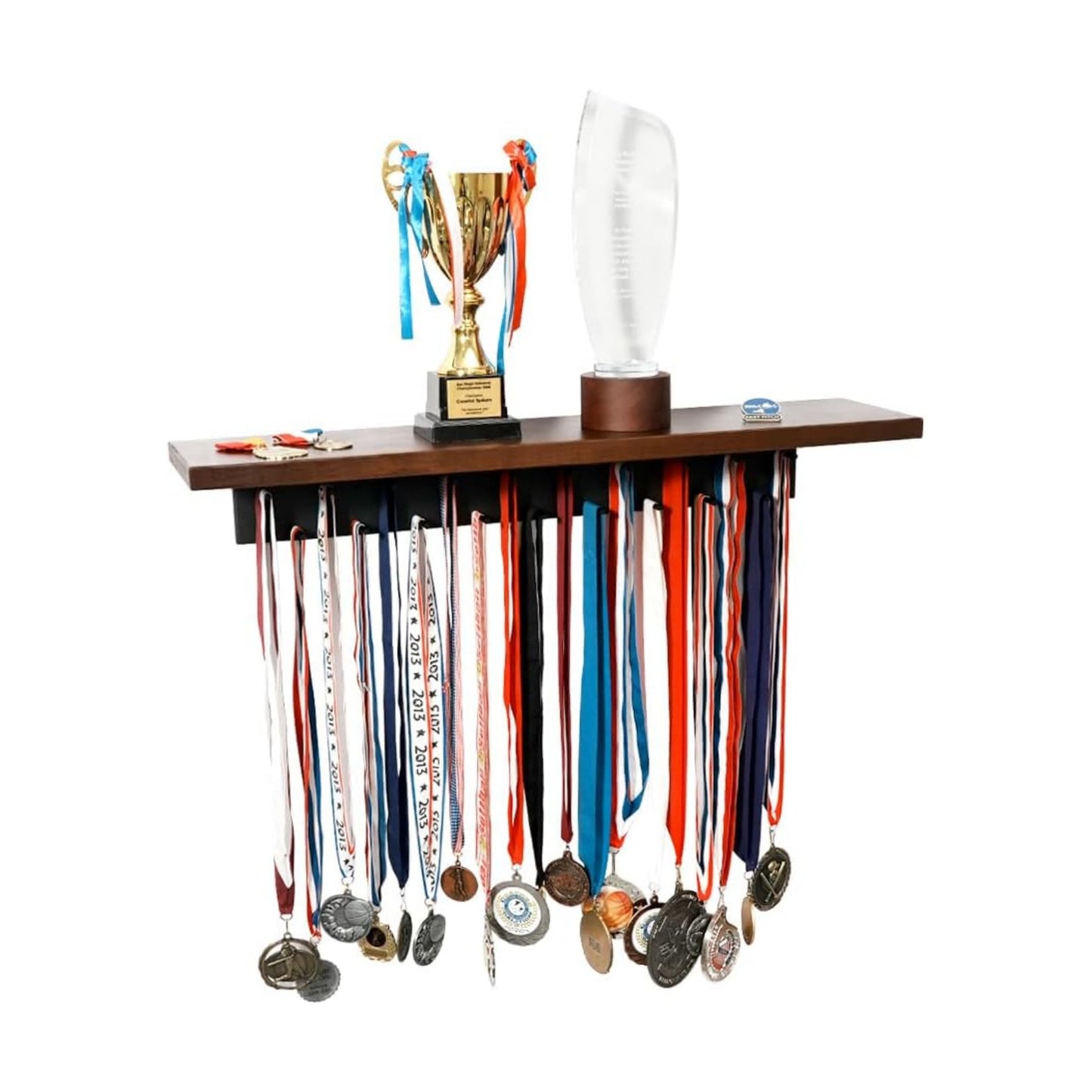 J JACKCUBE DESIGN Medal Display Hanger and Trophy Shelf with 39 Hooks, Wall Mounted Marathon Race Sports Gymnastics