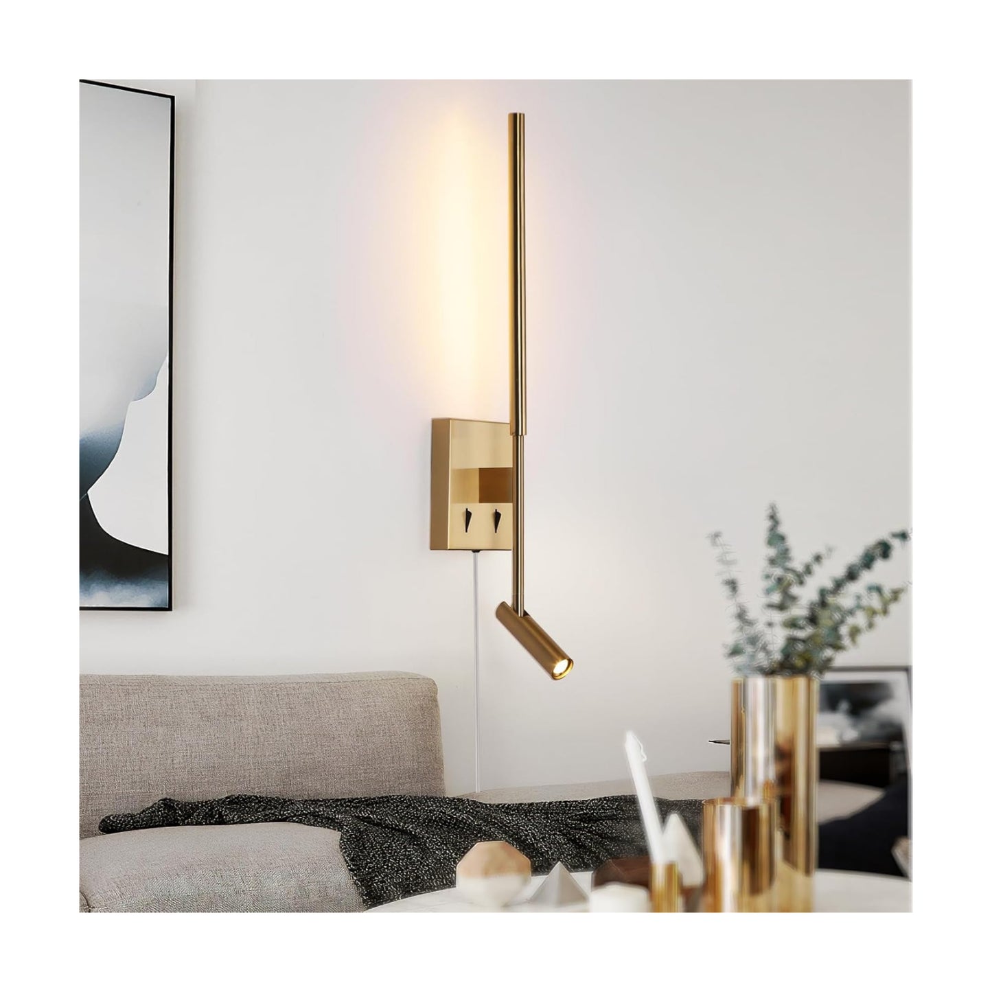 Modern Plug in Wall Sconce Indoor Ambient Lighting for Bedroom, Gold LED Wall Mounted Reading Lamp with Switch, Corded