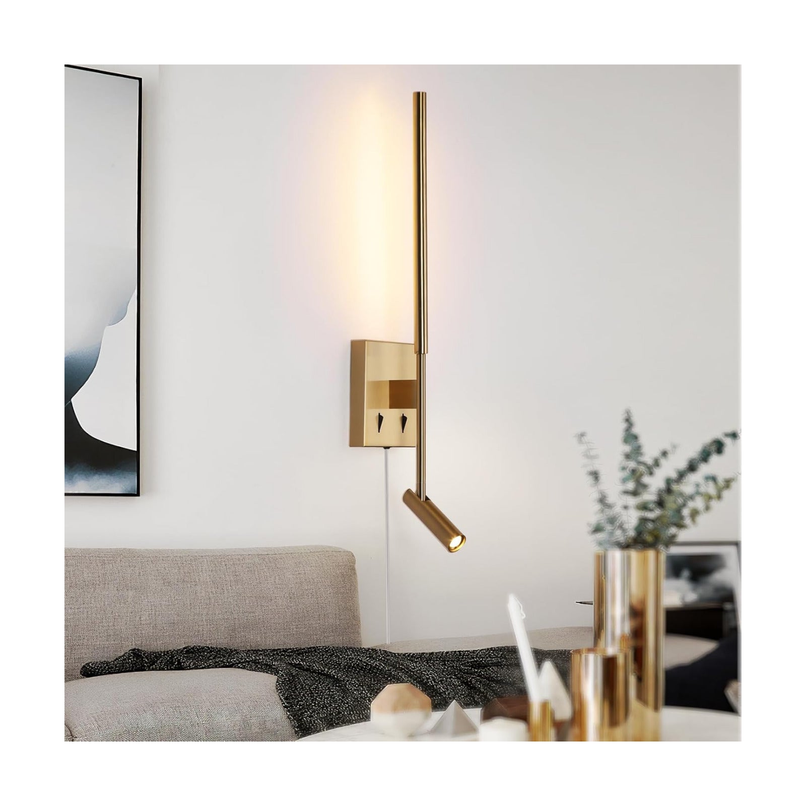 Modern Plug in Wall Sconce Indoor Ambient Lighting for Bedroom, Gold LED Wall Mounted Reading Lamp with Switch, Corded